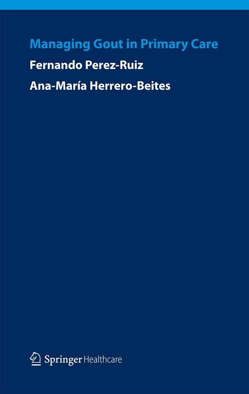 Buchcover mit Titel "Managing Gout in Primary Care", Autorennamen und Springer Healthcare Logo auf blauem Hintergrund.