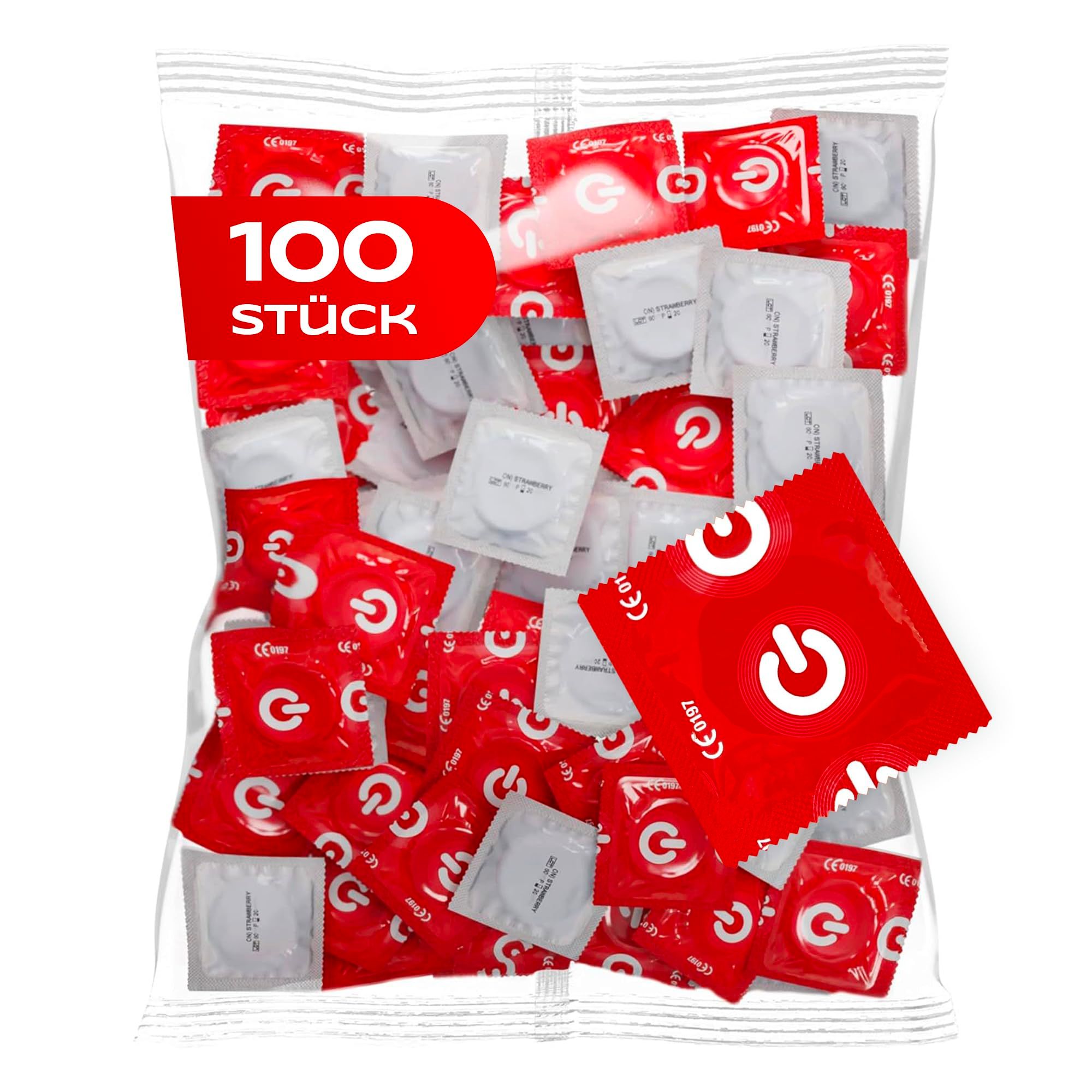 Packung mit 100 roten und weißen Kondomen, einige mit Erdbeer-Design.