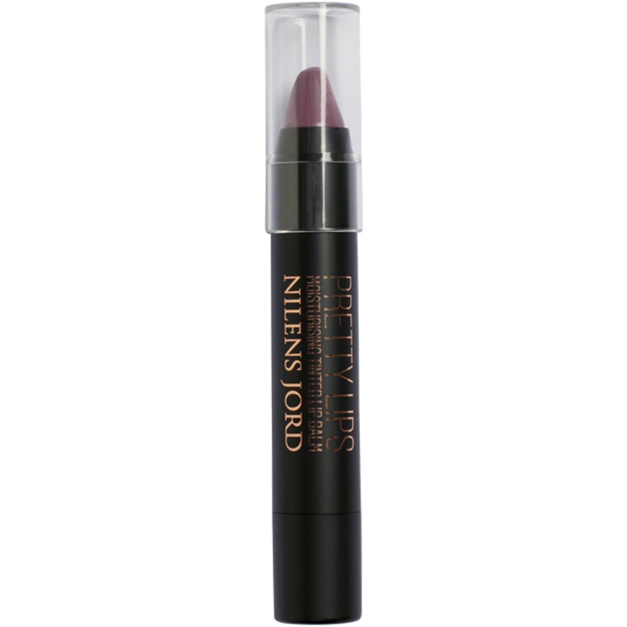 Lippenstift mit transparenter Kappe. Schwarze Hülse mit goldfarbenem Schriftzug: NILENS JORD, PRETTY LIPS. Der Lippenstift ist violett.