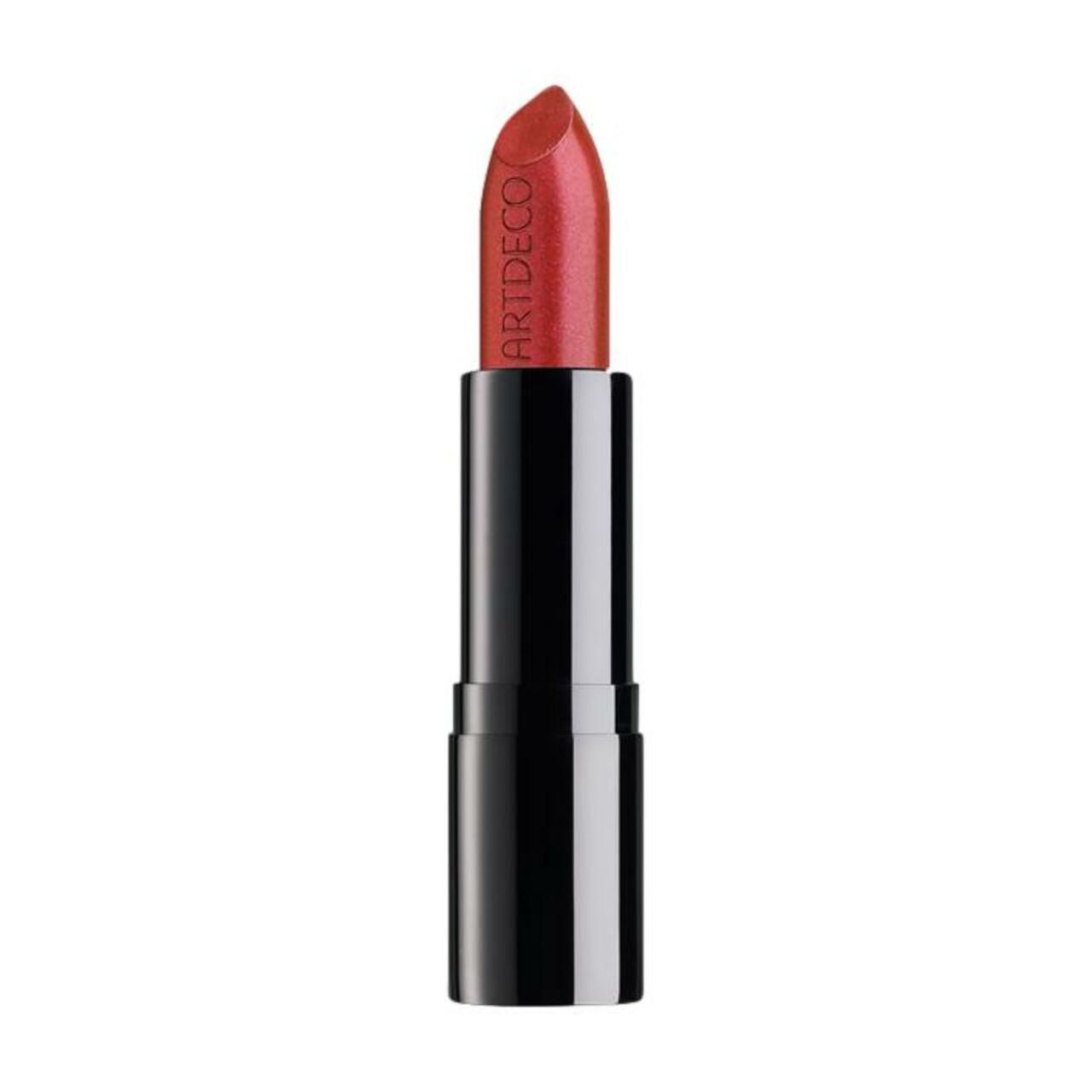 Lippenstift mit metallischem Finish. Schwarze Hülse, roter Lippenstift mit "ARTDECO"-Schriftzug.