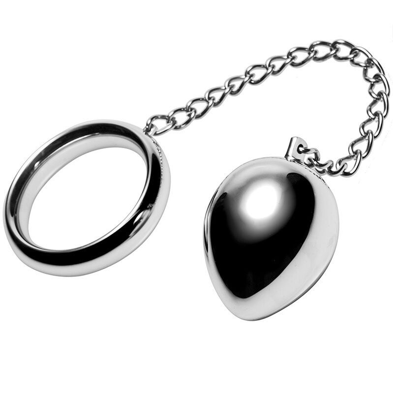 Metall-Cockring mit Kugel und Kette. Ring und Kugel aus glänzendem Metall. Kette verbindet Ring und Kugel.