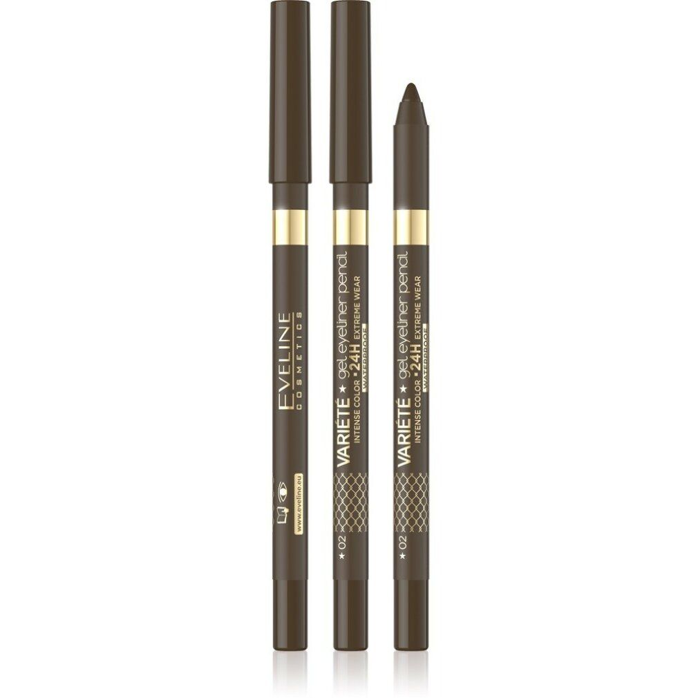 Drei braune Eyeliner-Stifte. Aufschrift: Eveline, Variete Gel Eyeliner Pencil, Intense Color 24H Extreme Wear. Farbcode: 02.