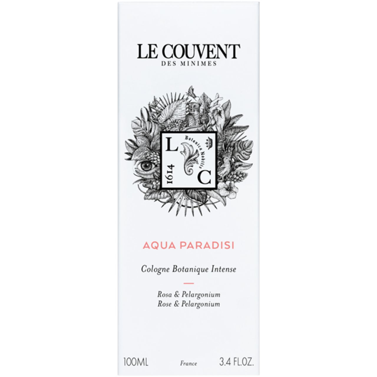 Weißer Karton mit Logo und floralem Design. Text: Aqua Paradisi, Cologne Botanique Intense. Unten: 100ml, 3.4 FL.OZ.