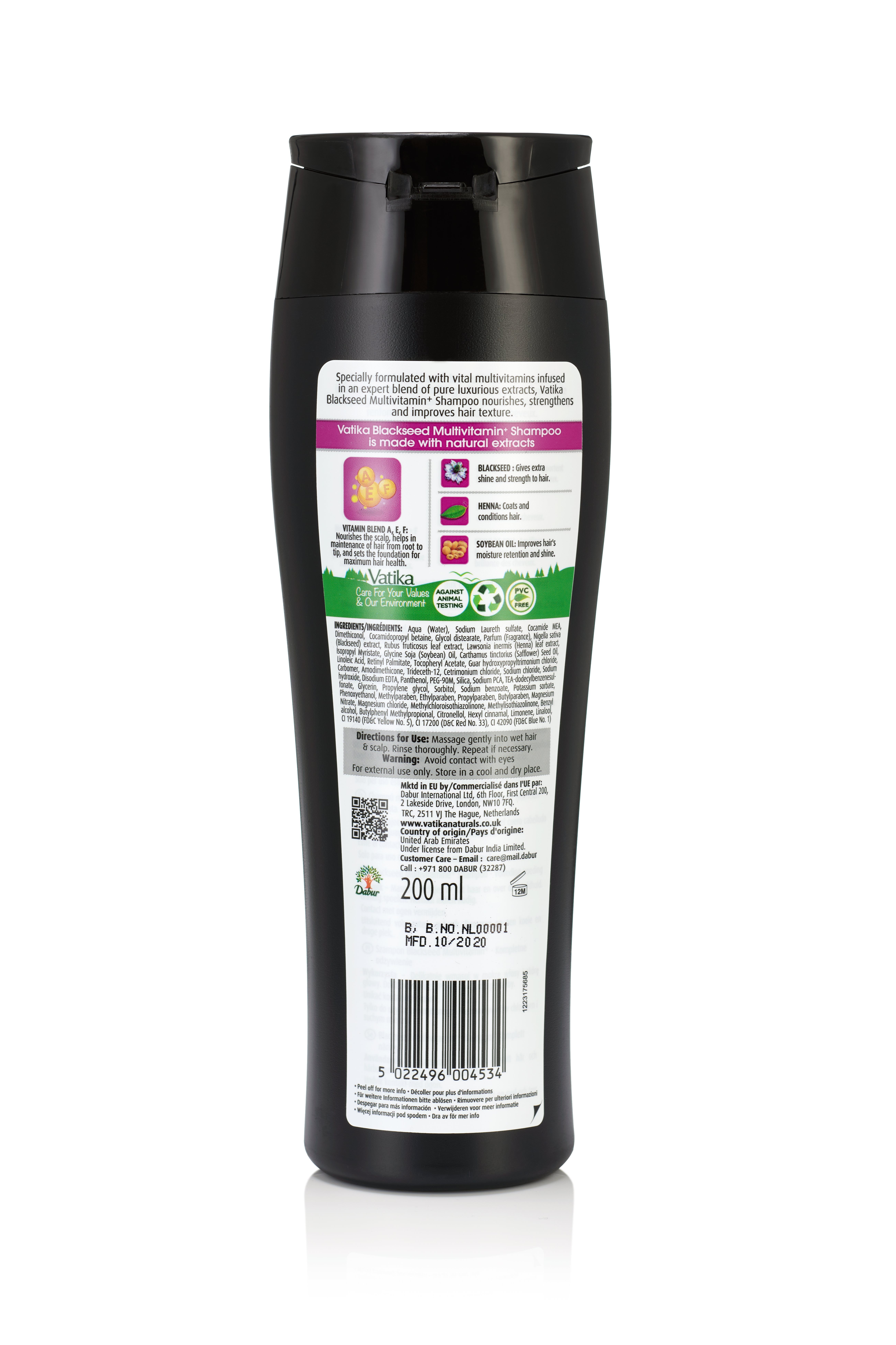 Rückseite einer schwarzen Shampoo-Flasche. Textinformationen, Inhaltsstoffe, QR-Code und Recycling-Symbole. 200 ml.