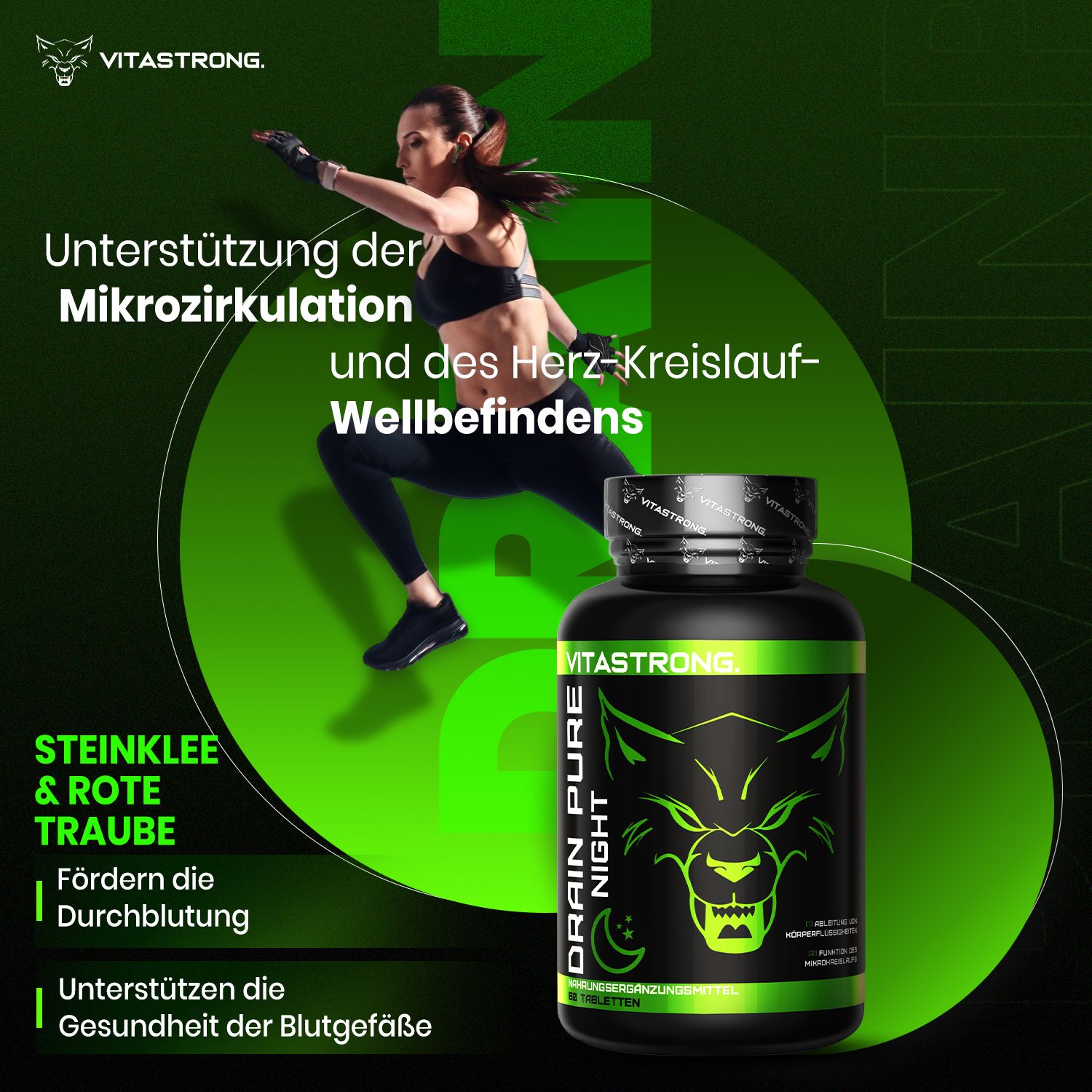 Flasche mit Tabletten. Text: Unterstützung der Mikrozirkulation und des Herz-Kreislauf-Wohlbefindens. Inhaltsstoffe.