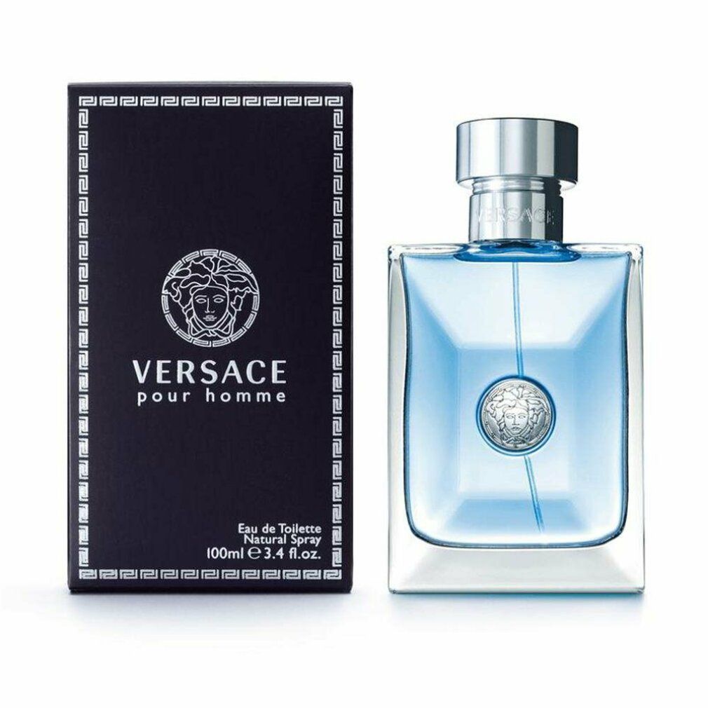 Versace Pour Homme Flakon und Schachtel. Flakon mit blauem Inhalt, silbernem Deckel und Medusa-Logo.