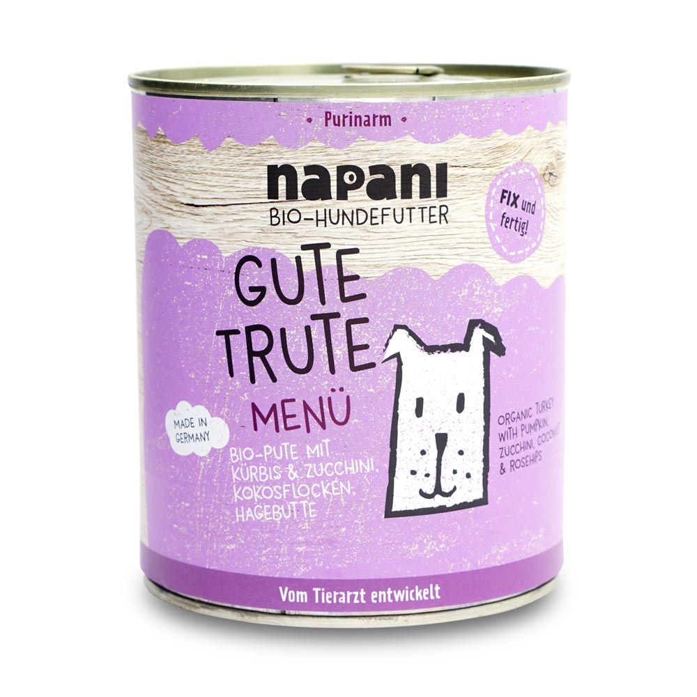 Hundefutterdose mit lila Etikett. Aufschrift: Gute Trute Menü. Enthält Bio-Pute, Kürbis, Zucchini, Kokosflocken, Hagebutten. Marke: napani.