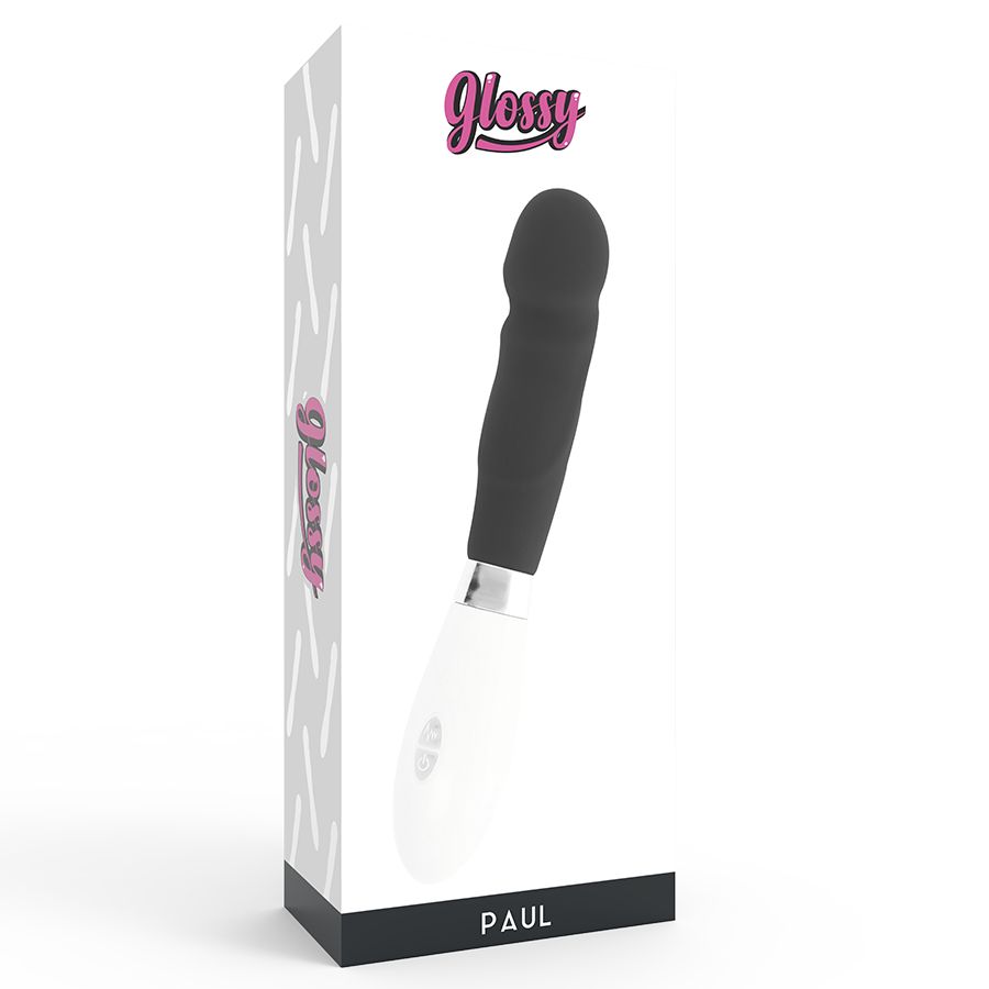 Vibrator in Verpackung. Schwarzer Vibrator mit weißem Griff. Verpackung mit Glossy-Logo und Wellenmuster. Text: PAUL.
