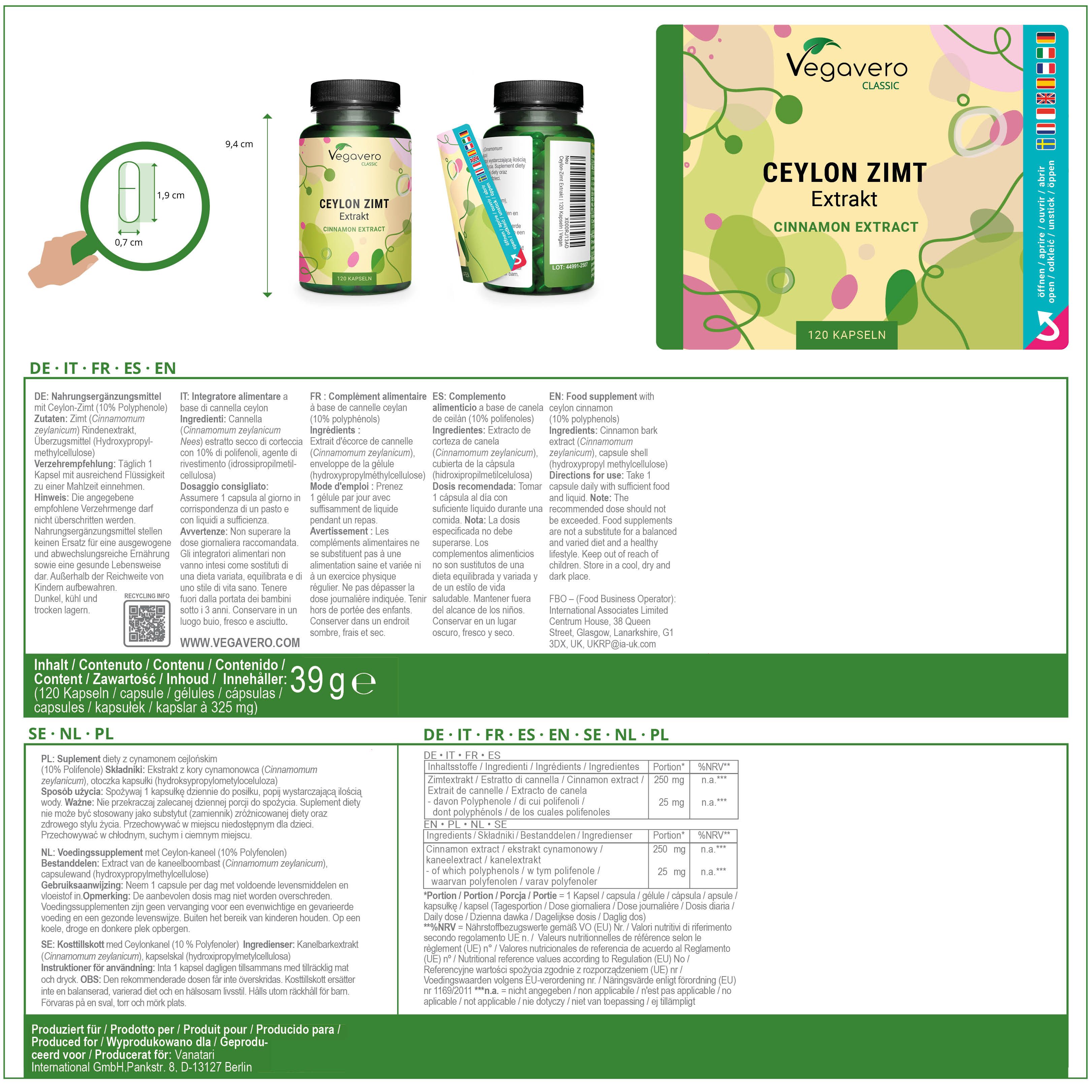 Produktverpackung mit Flaschen und Kapseln. Text in mehreren Sprachen. Enthält Nährwertangaben und Inhaltsstoffe.