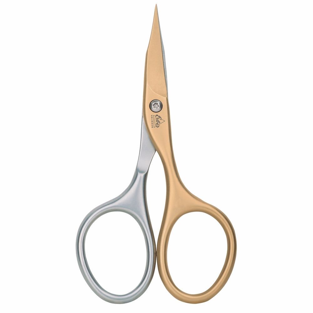 Selbstschärfende Nagelschere, gold und silberfarben, mit ergonomischen Griffen.