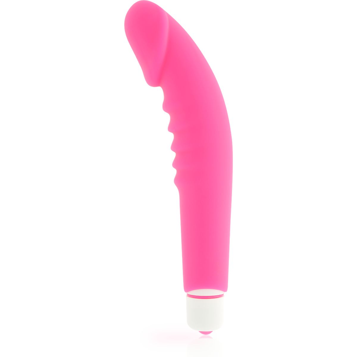 Pinkfarbener Vibrator mit wellenförmiger Struktur und Eichelform. Weißer Sockel. Auf hellem Hintergrund.