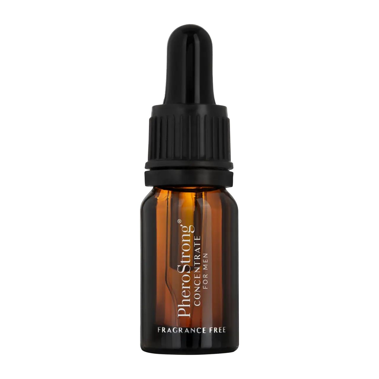 Braune Glasflasche mit schwarzem Tropfer. Aufschrift: PheroStrong Concentrate for Men, Fragrance Free.