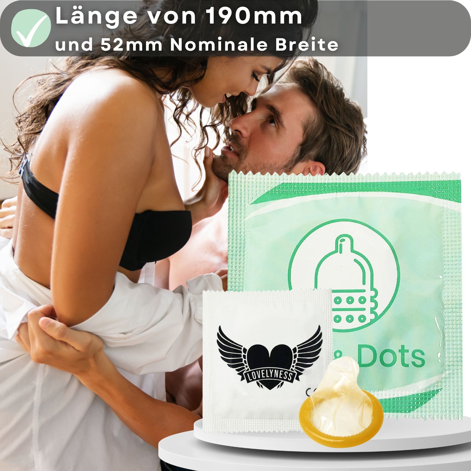Kondomverpackung mit Aufdruck « Ribs & Dots ». Einzeln verpackt. Mit Noppen und Rippen.
