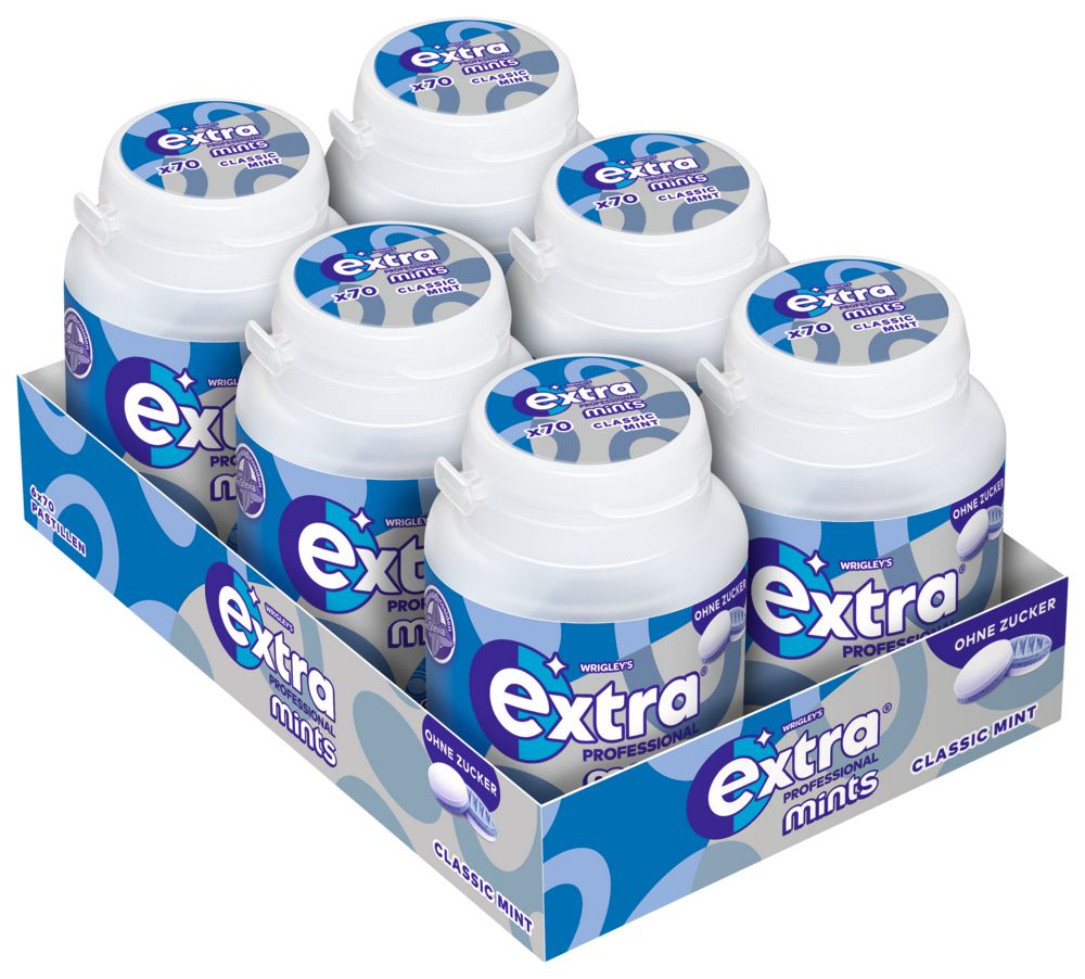 Sechs Behälter EXTRA PROFESSIONAL Classic Mint in einer Verkaufsverpackung.