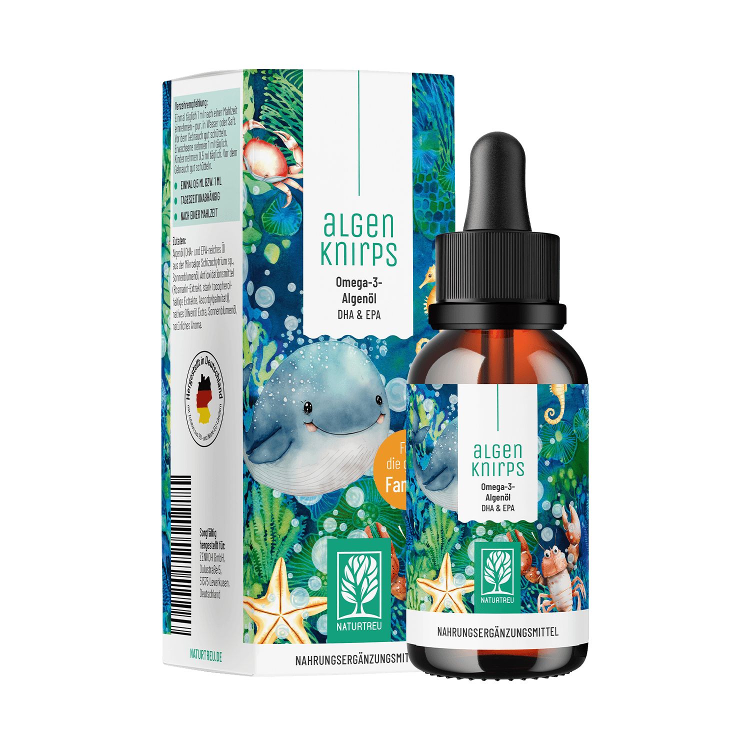 Flasche mit Pipette und Faltschachtel, Algenknirps Omega-3 Algenöl.