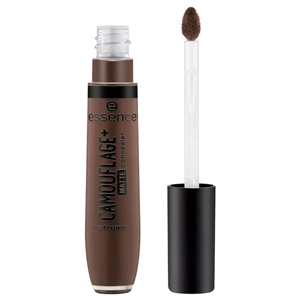 Brauner Concealer-Tuben mit Applikator. Aufschrift: CAMOUFLAGE+ matte concealer, waterproof. Marke: essence.