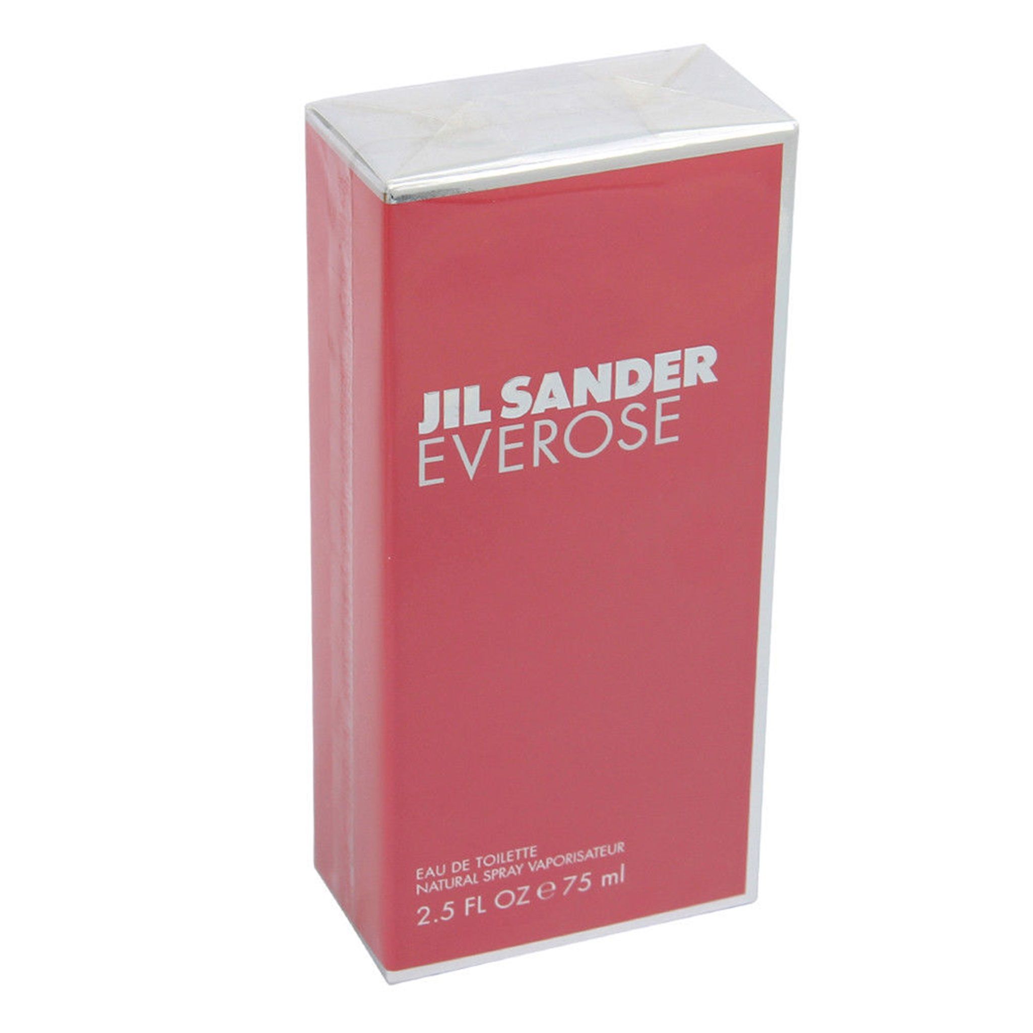 Jil Sander Everose Eau de Toilette. Rote rechteckige Verpackung mit silberner Oberseite. Schriftzug in Weiß.