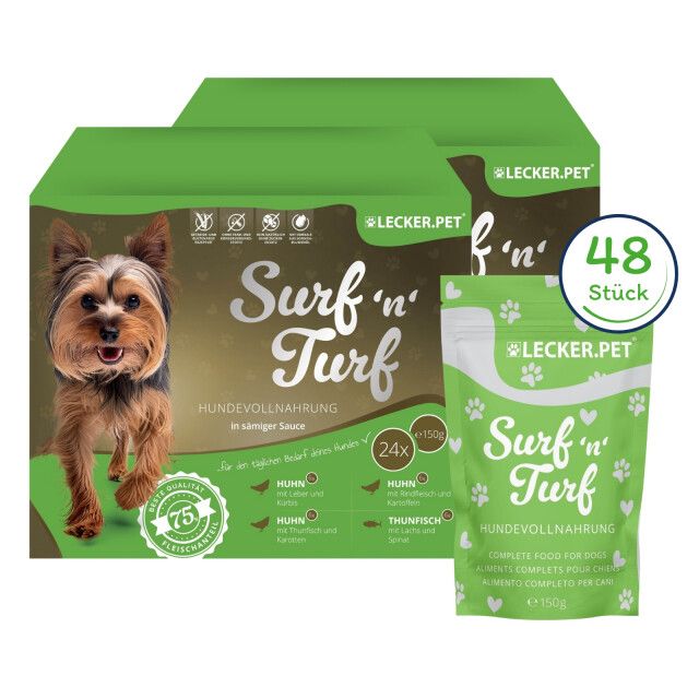 48 x 150 g Lecker.Pet® Surf'n'Turf Pouches Hundefutter Nassfutter - 4 Sorten Multipack 48x150 Futter