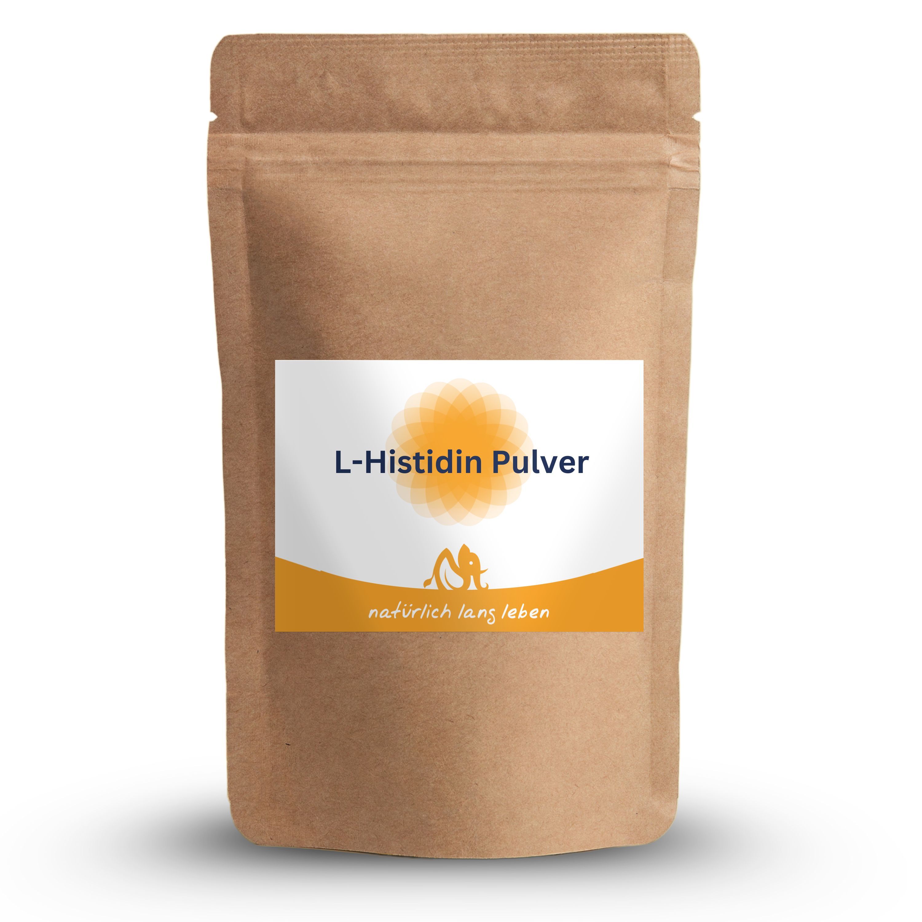 Braune Tüte mit weißem Etikett. Aufschrift: L-Histidin Pulver. Darunter: natürlich lang leben. Logo: Sonne und zwei Figuren.