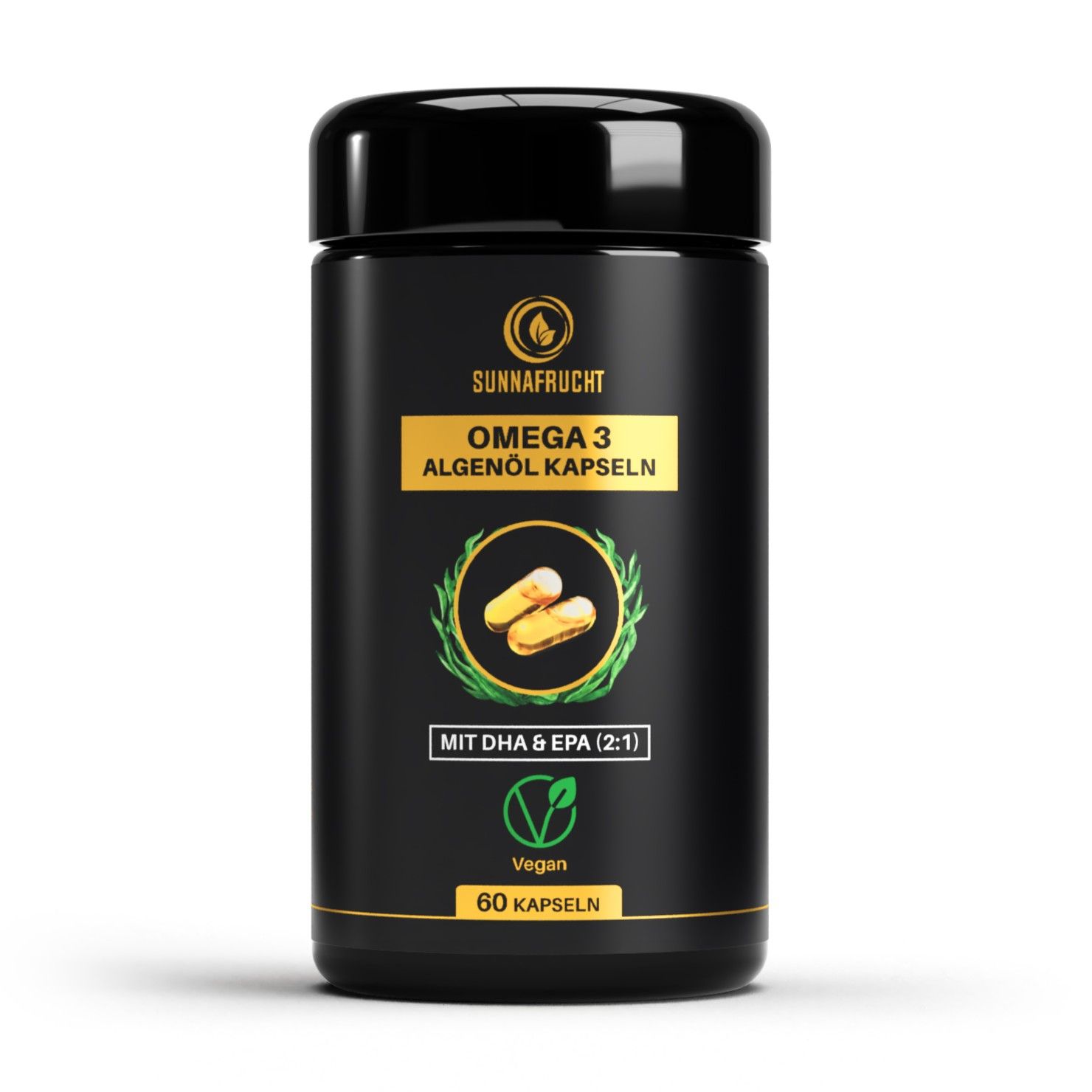 Schwarze Dose mit SUNNAFRUCHT Omega 3 Algenöl Kapseln, 60 Kapseln, vegan.