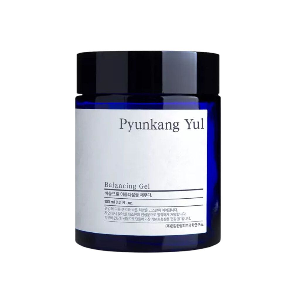 Blaues Glas mit schwarzem Deckel. Aufkleber mit Produktnamen und Text. PYUNKANG YUL Balancing Gel.