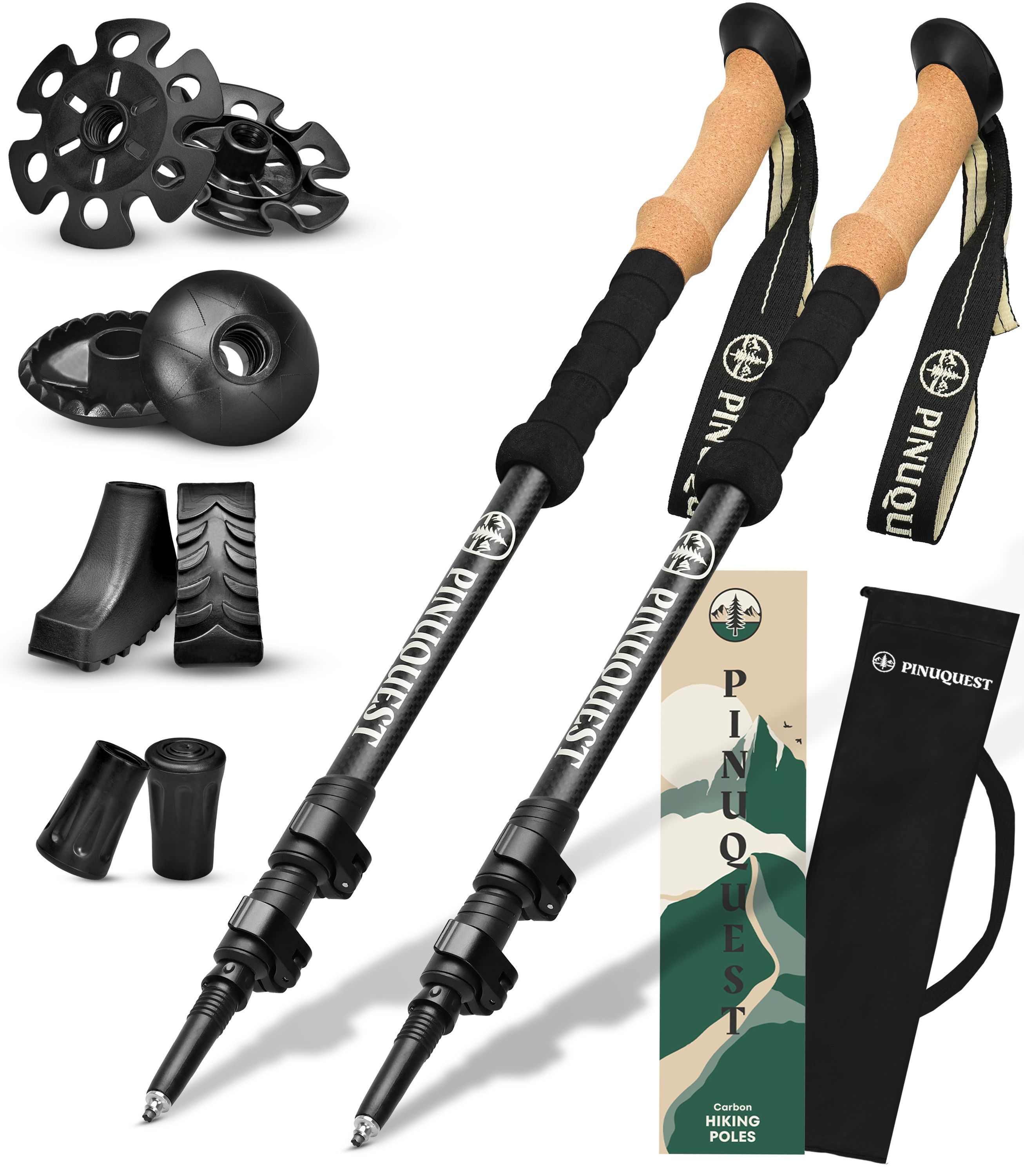 Nordic Walking Stöcke mit Zubehör. Schwarze Stangen mit Korkgriffen, Handschlaufen und Spitzen. Zubehörteile liegen daneben.
