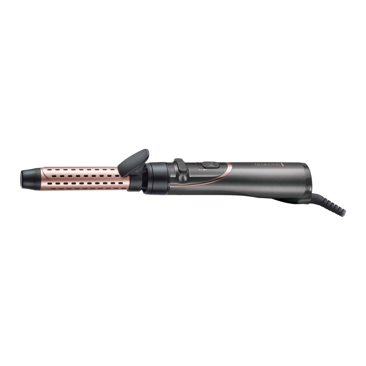 Haarstyler mit Lockenstabaufsatz. Grau-rosafarbenes Gerät mit Knöpfen und Kabel. Remington-Logo.