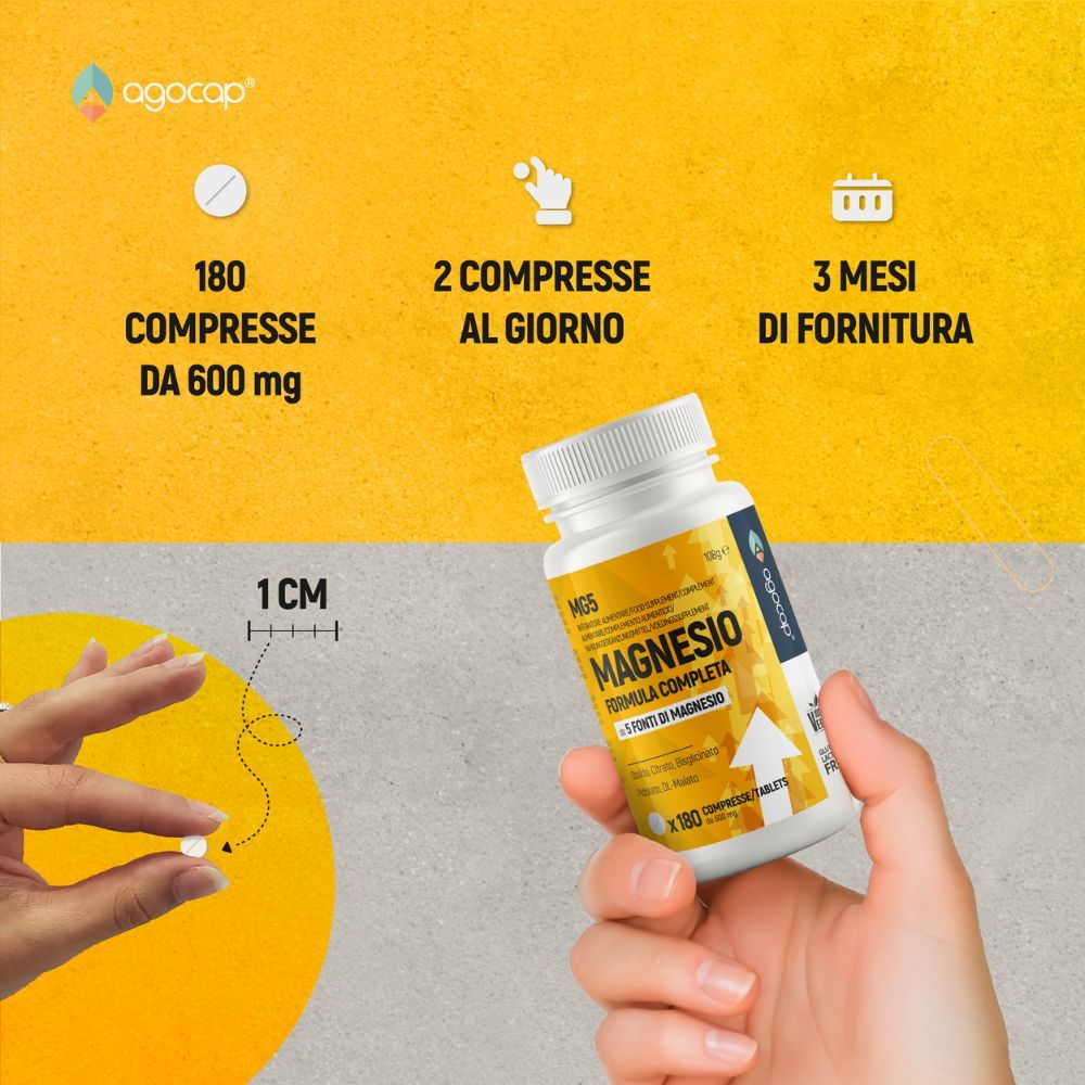 Tablette, Flasche Magnesio. Text: 180 compresse da 600 mg, 2 compresse al giorno, 3 mesi di fornitura. 1 cm.