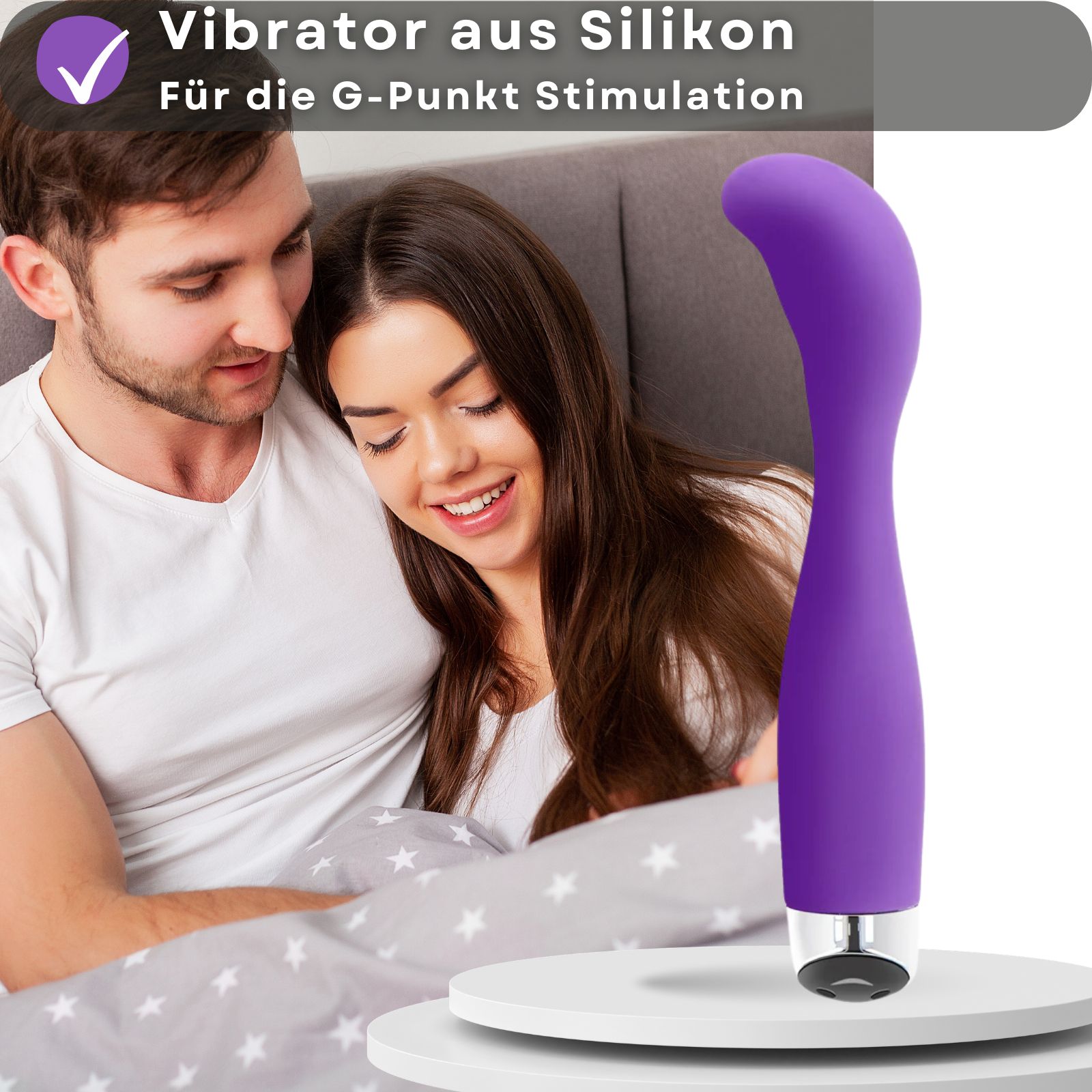 Lila Vibrator. Text: Vibrator aus Silikon, für G-Punkt Stimulation.