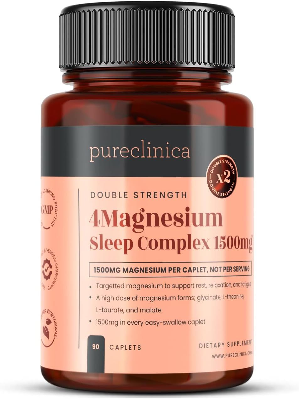 Braune Flasche mit schwarzen Deckel. 4 Magnesium Sleep Complex Tabletten. 1500mg. 90 Tabletten. GMP-zertifiziert. Geeignet für Vegetarier.
