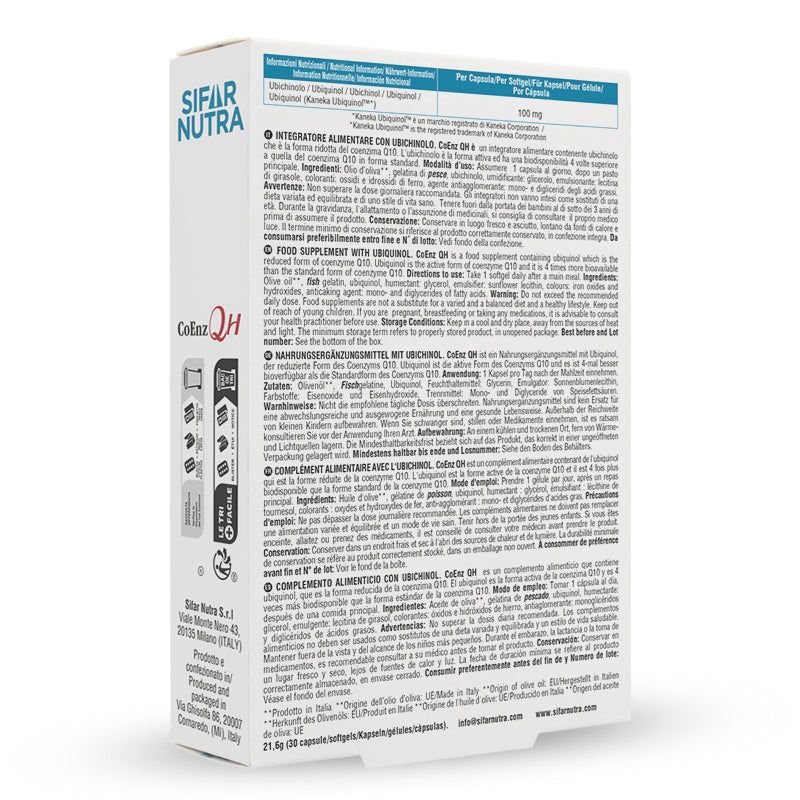 Rückseite der Sifar Nutra CoEnz QH-Packung. Text in mehreren Sprachen.