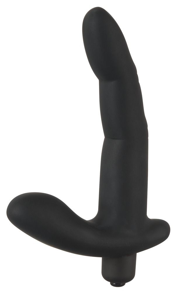 Schwarzer Vibrator mit gebogener Form. Ein Ende ist abgerundet, das andere hat eine T-Form.