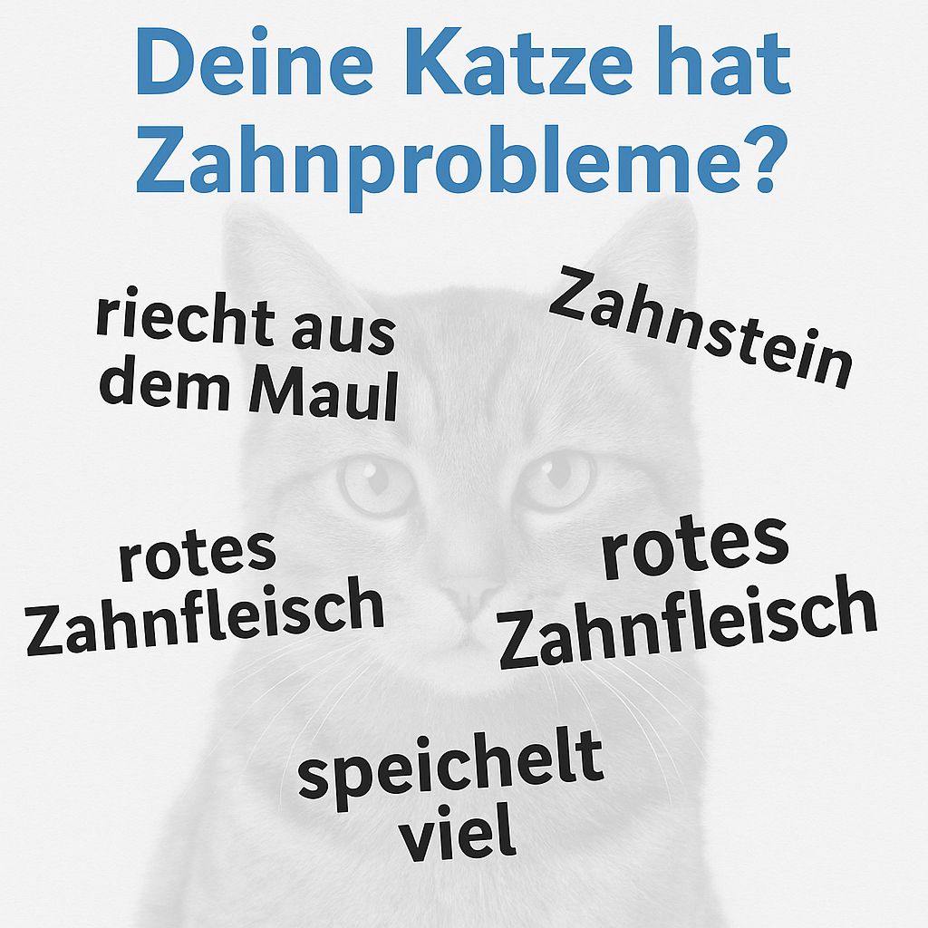 Katzenkopf mit Text: riecht aus dem Maul, Zahnstein, rotes Zahnfleisch, speichelt viel. Frage: Deine Katze hat Zahnprobleme?