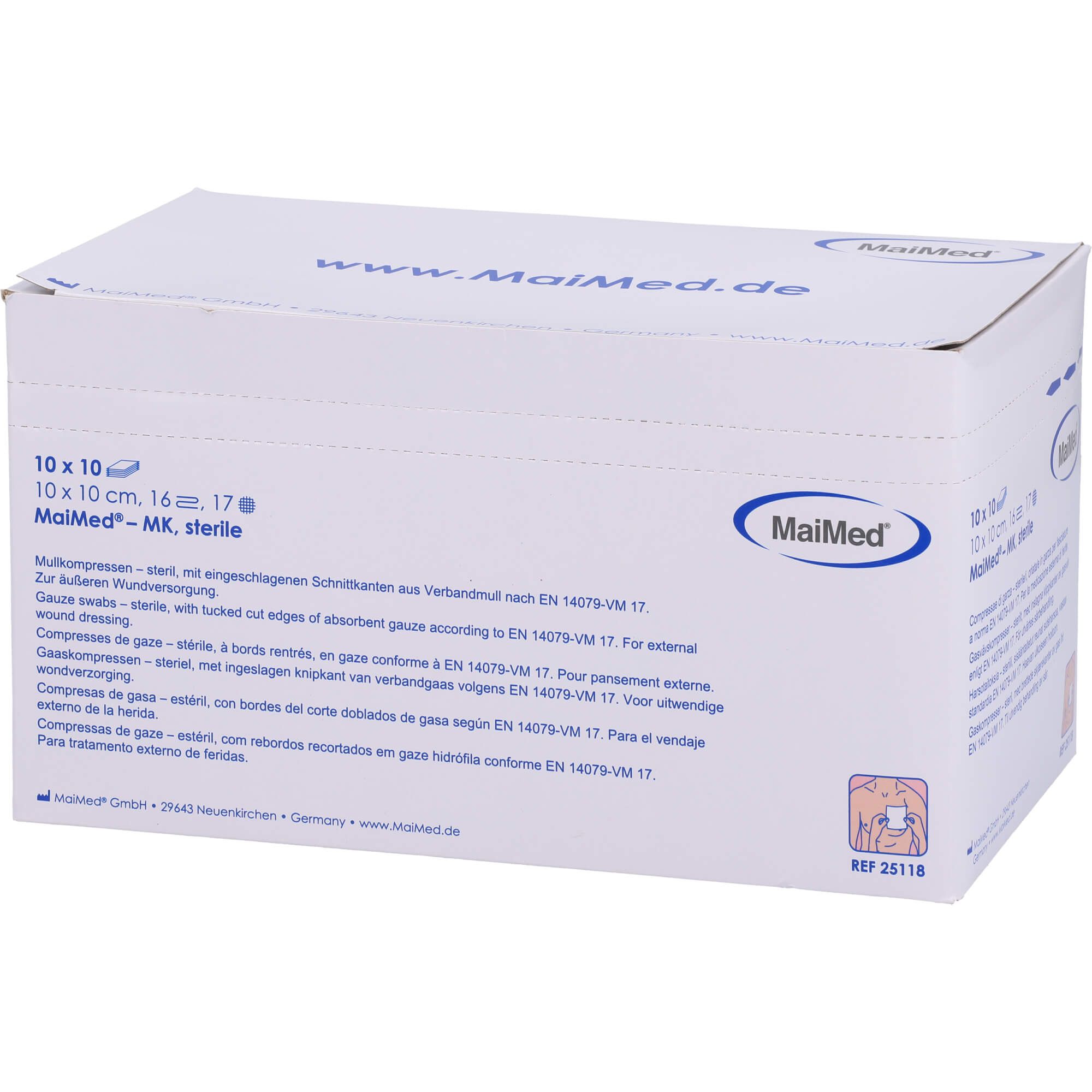 Weißer Karton mit Produktinformationen. Aufdruck: MaiMed, 10x10 cm, MK, steril. Text in mehreren Sprachen.