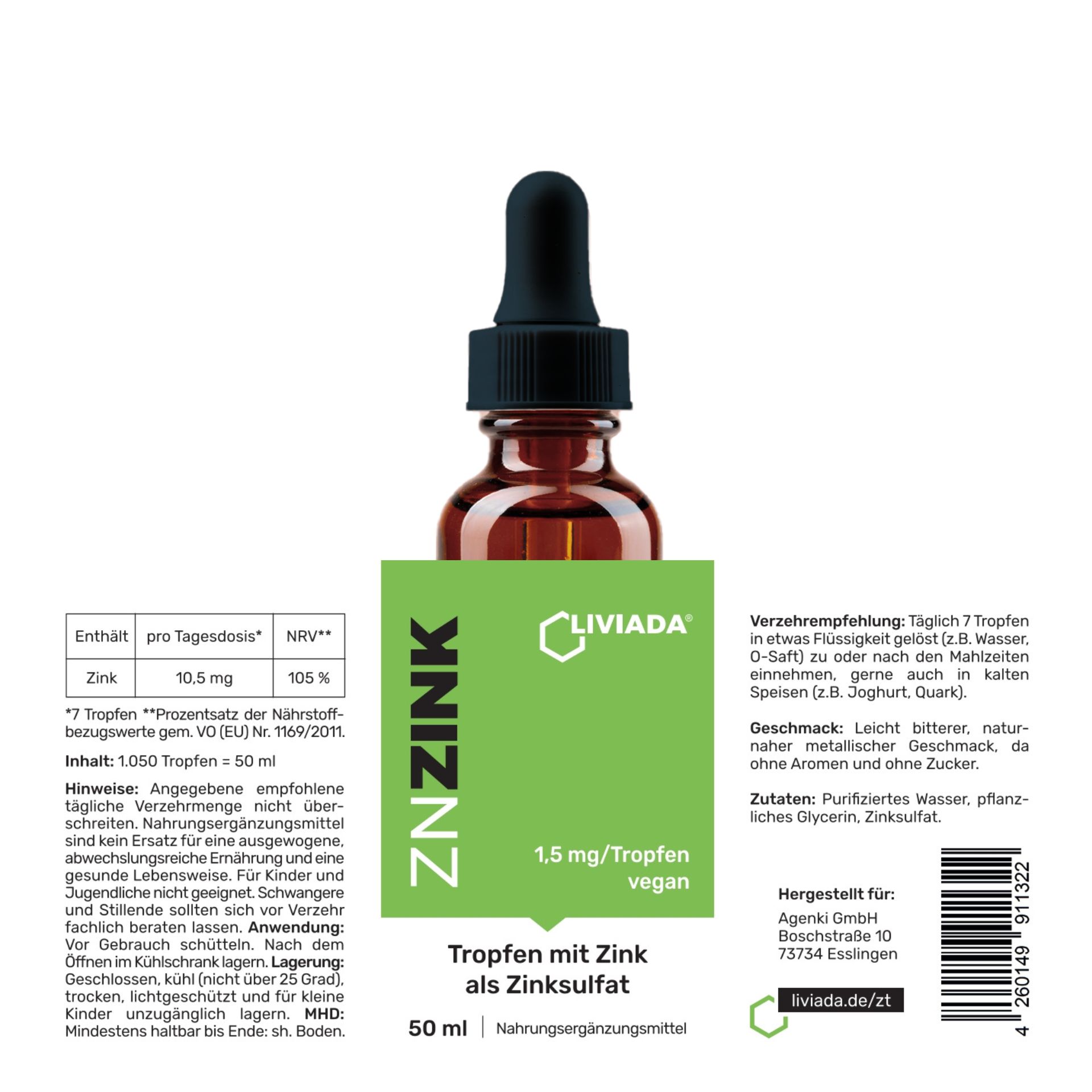 Braune Glasflasche mit Tropfer. Grün-weißes Etikett mit "ZNZINK" und "Tropfen mit Zink als Zinksulfat". Enthält 50 ml. Vegan.