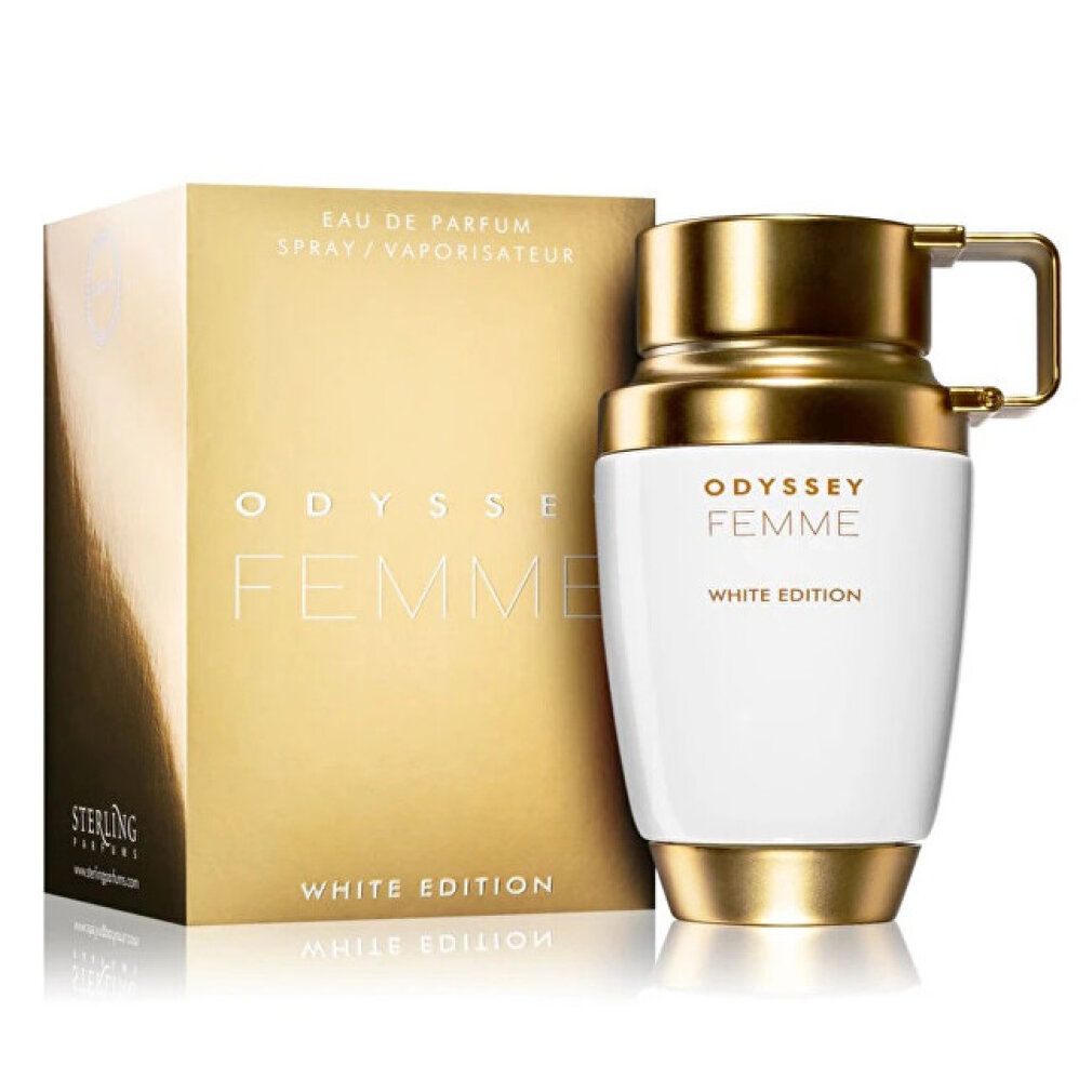 Parfümflakon und Verpackung. Weißer Flakon mit goldenem Deckel und Griff. Goldene Verpackung mit Produktnamen und Logo.