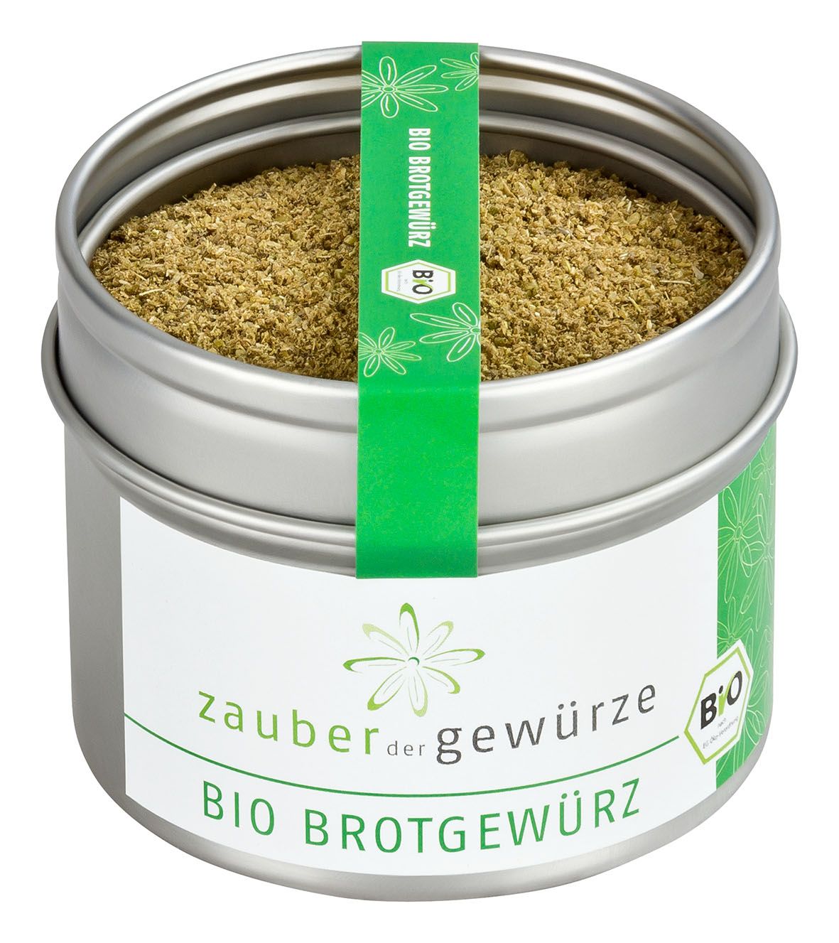 Runde Dose mit Brotgewürz. Grün-weißes Etikett mit Schriftzug und Bio-Siegel. Deckel mit grünem Band.
