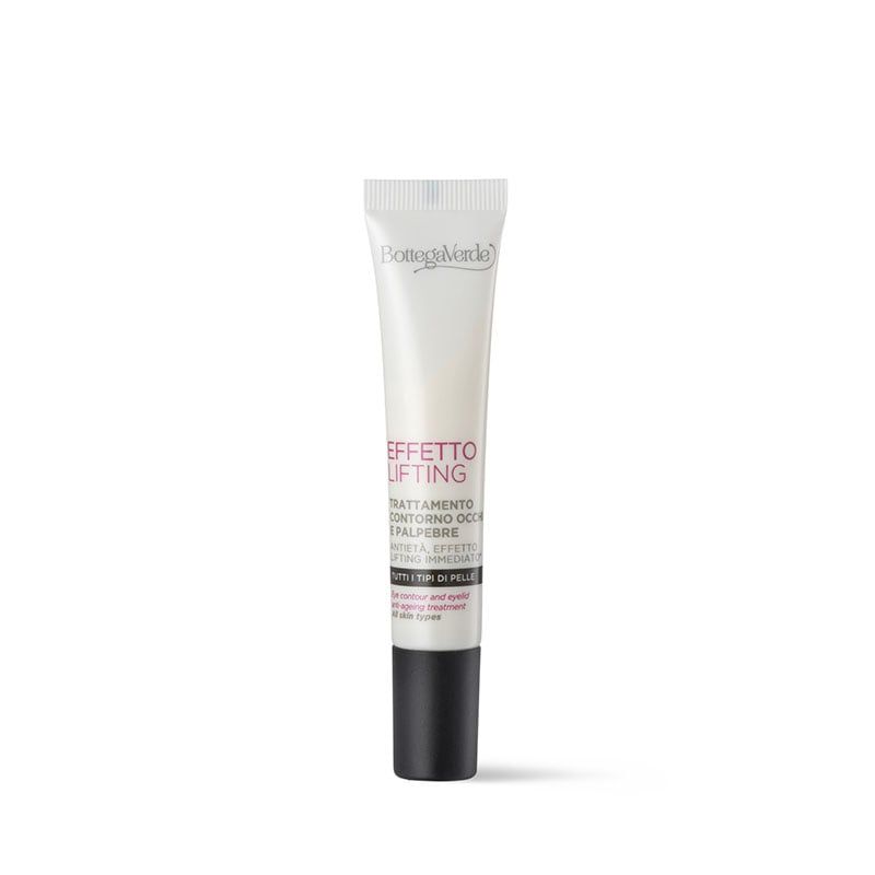 Tubo di crema con nome del prodotto e del marchio. Tubo bianco con tappo nero. Testo: Effetto Lifting, Trattamento contorno occhi e palpebre.