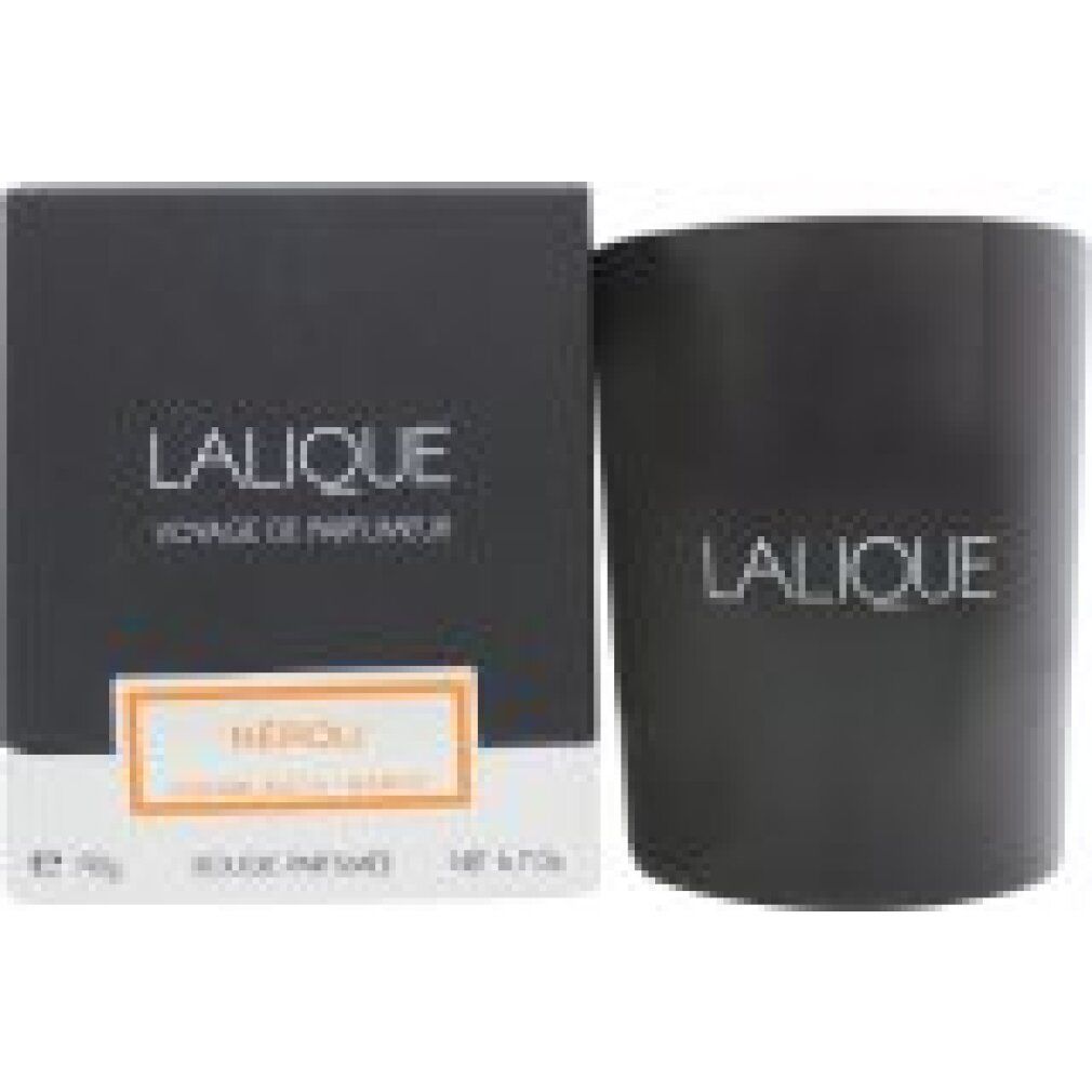 Schwarzer Kerzenhalter und Schachtel. Aufschrift: LALIQUE, Neroli Casablanca. Orangefarbener Aufkleber. Bougie Parfumée.