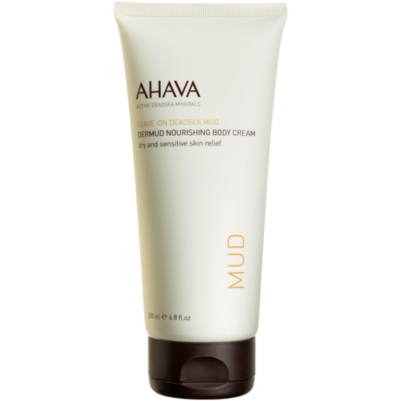 Creme-Tube mit AHAVA-Logo und Produktbezeichnung. Text: Leave-On Deadsea Mud Dermud Nourishing Body Cream.