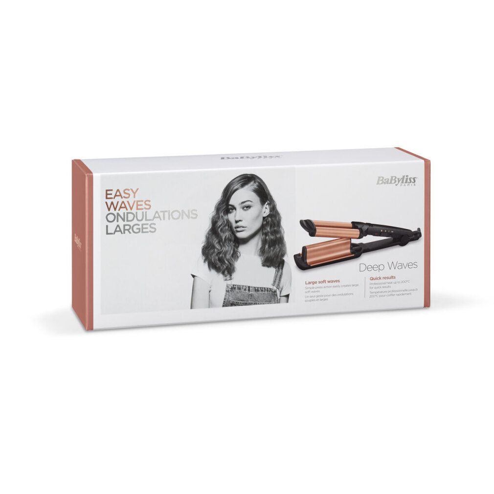 Babyliss Welleneisen. Schwarzes Gehäuse, kupferfarbene Wellplatten. Produkt und Verpackung. Aufschrift: Easy Waves.