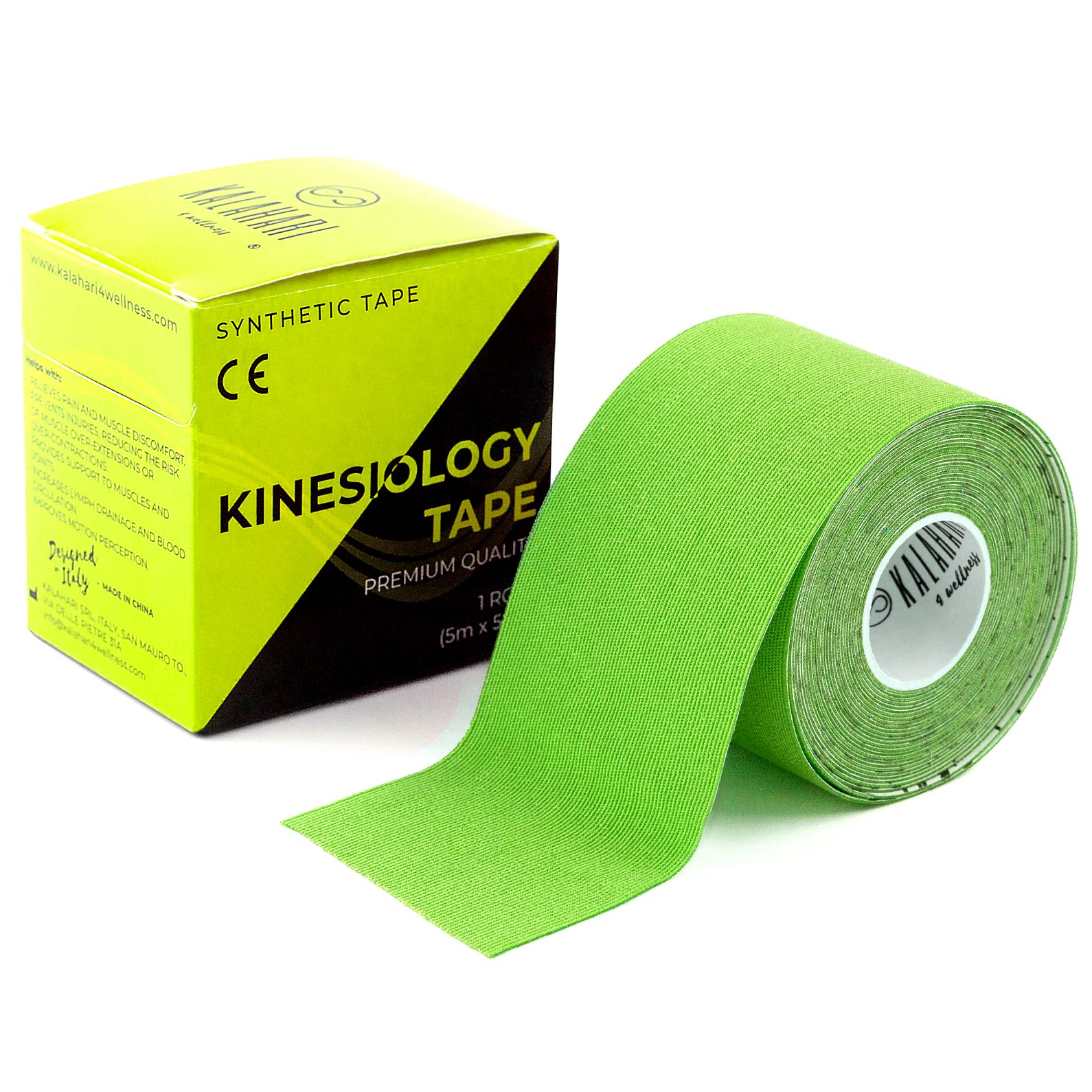 Grüne Kinesiologie-Tape-Rolle neben einer geöffneten Verpackung mit CE-Zeichen.