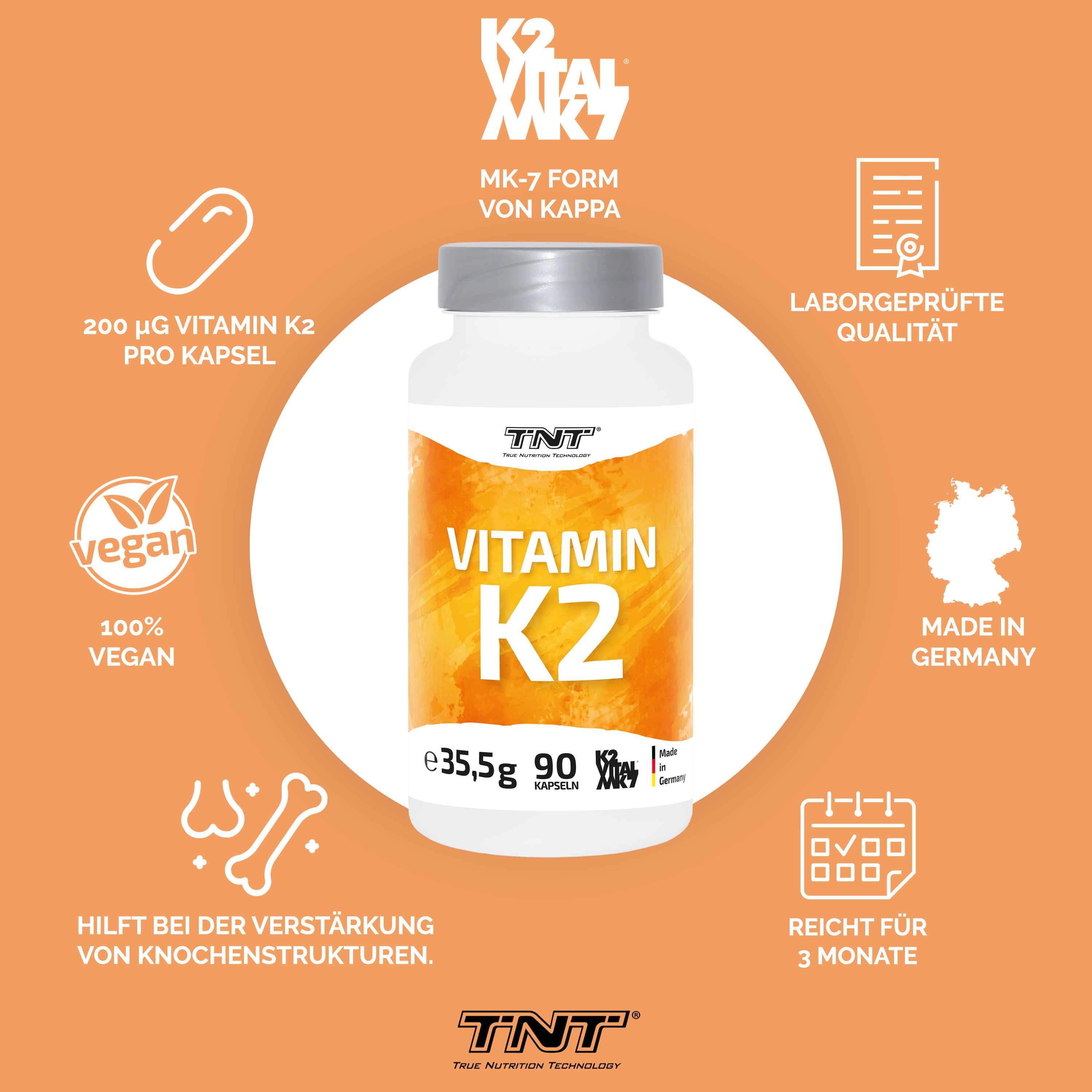 TNT Vitamin K2 - hilft bei der Aufnahme und Verarbeitung von Calcium 90 St Kapseln