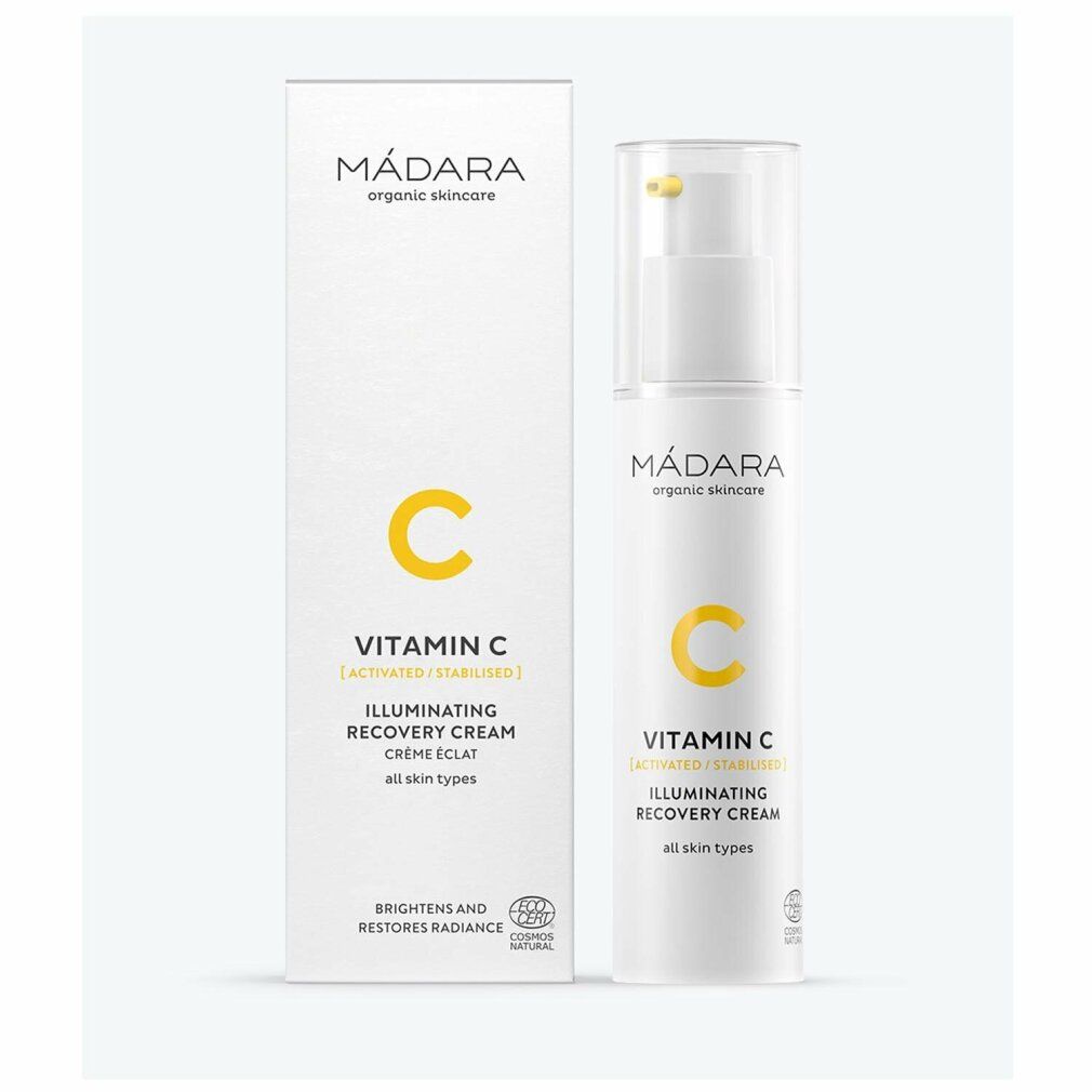 Weiße Flasche und Verpackung. Gelber Aufdruck: Vitamin C, Illuminating Recovery Creme. Marke: MÁDARA.