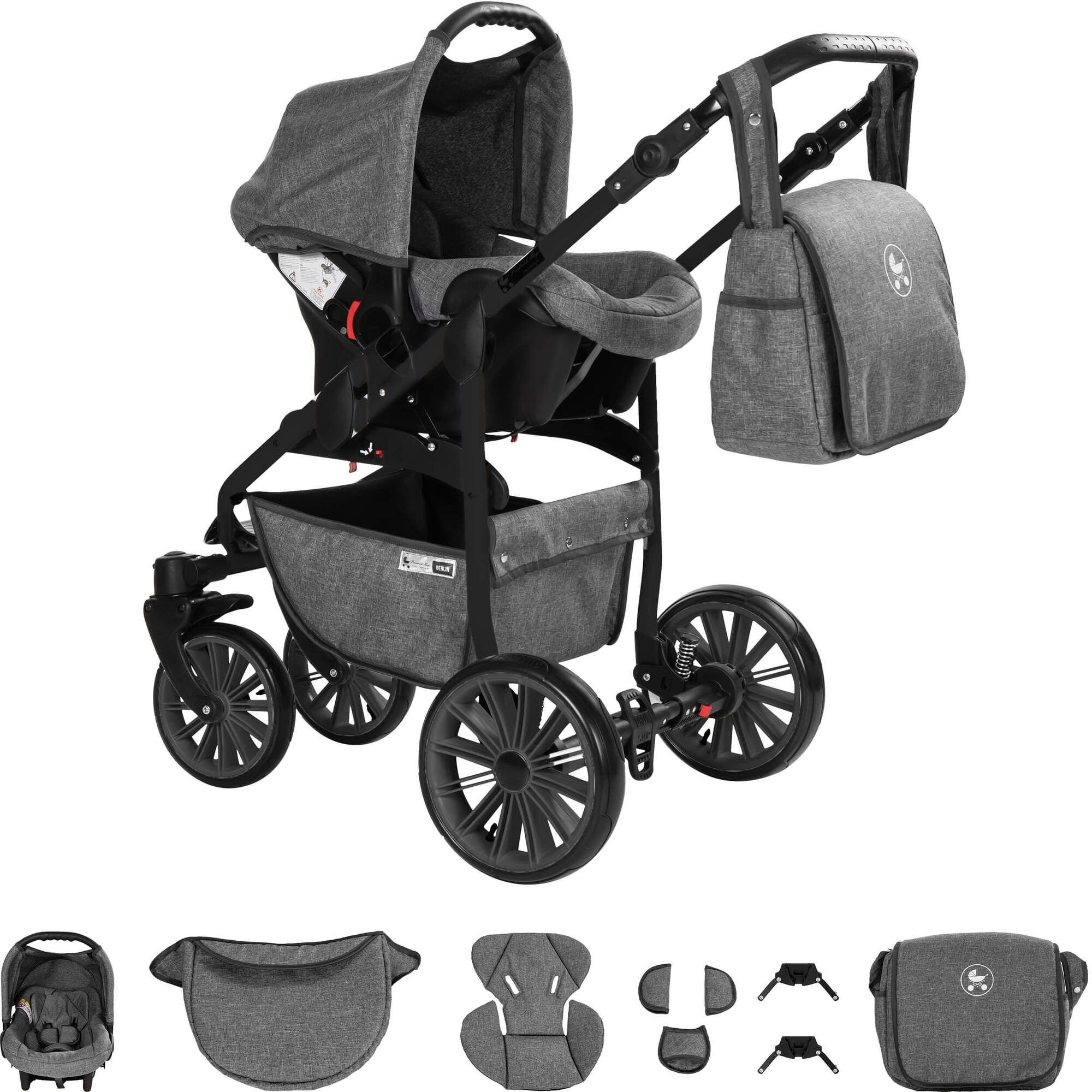 Friedrich Hugo Berlin 3 in 1 Kinderwagen Set GEL Reifen, Grey and Grey Night