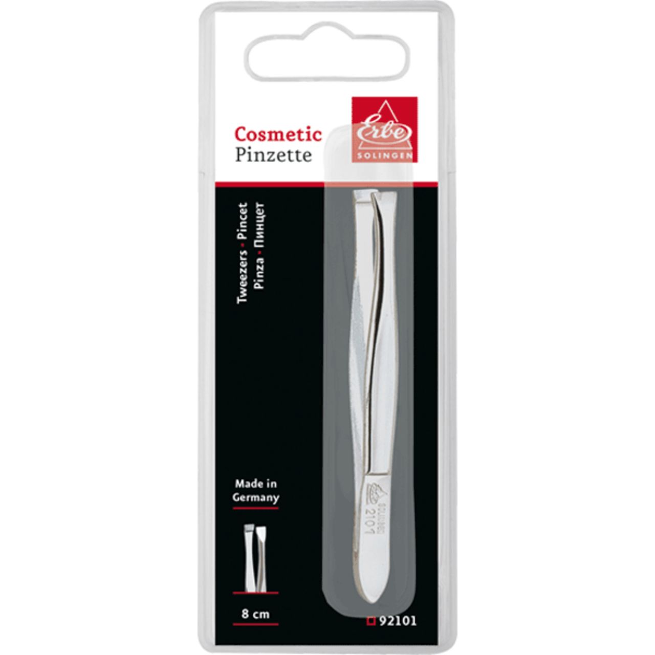 Pinzette in Blisterverpackung. Aufschrift: Cosmetic Pinzette, 8 cm, Solingen.