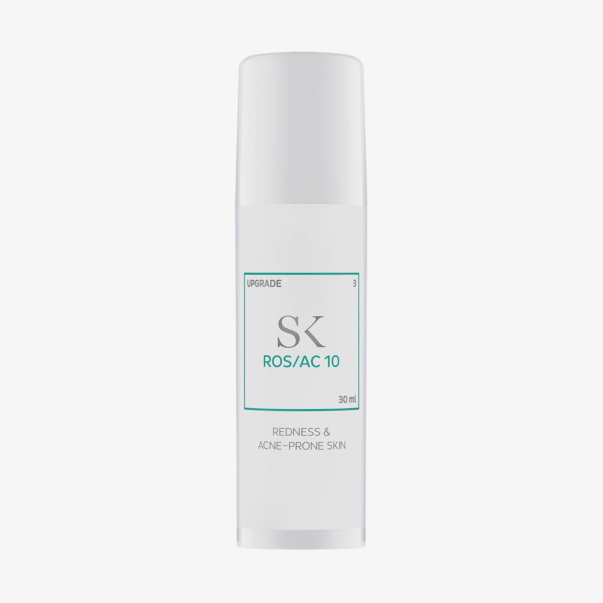 Weiße Flasche mit grünem Etikett. Aufschrift: SK ROS/AC 10, Redness & Acne-Prone Skin. 30 ml.