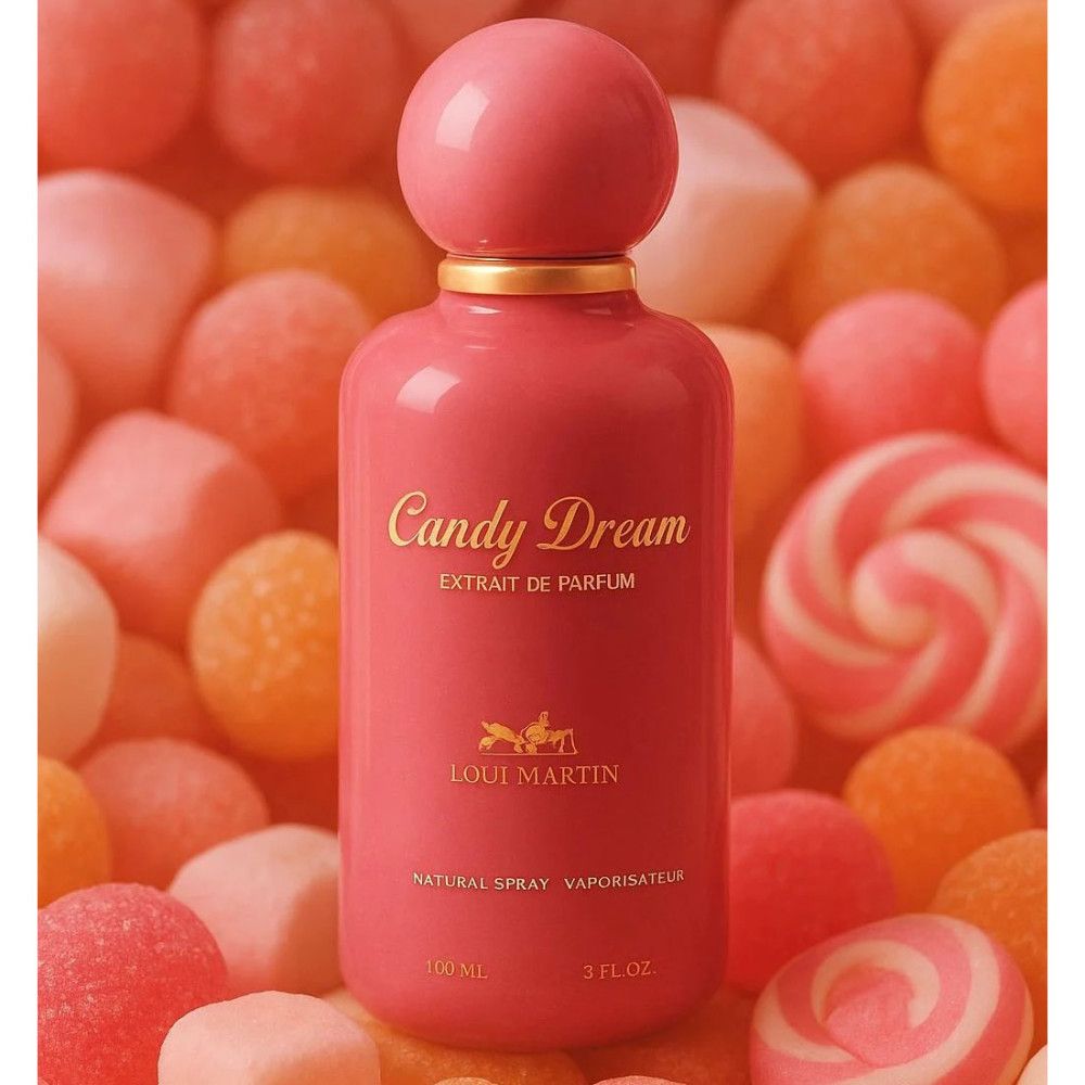 Rosa Flakon mit goldfarbenem Deckel. Aufschrift "Candy Dream". Umgeben von Süßigkeiten. Marke: Loui Martin.