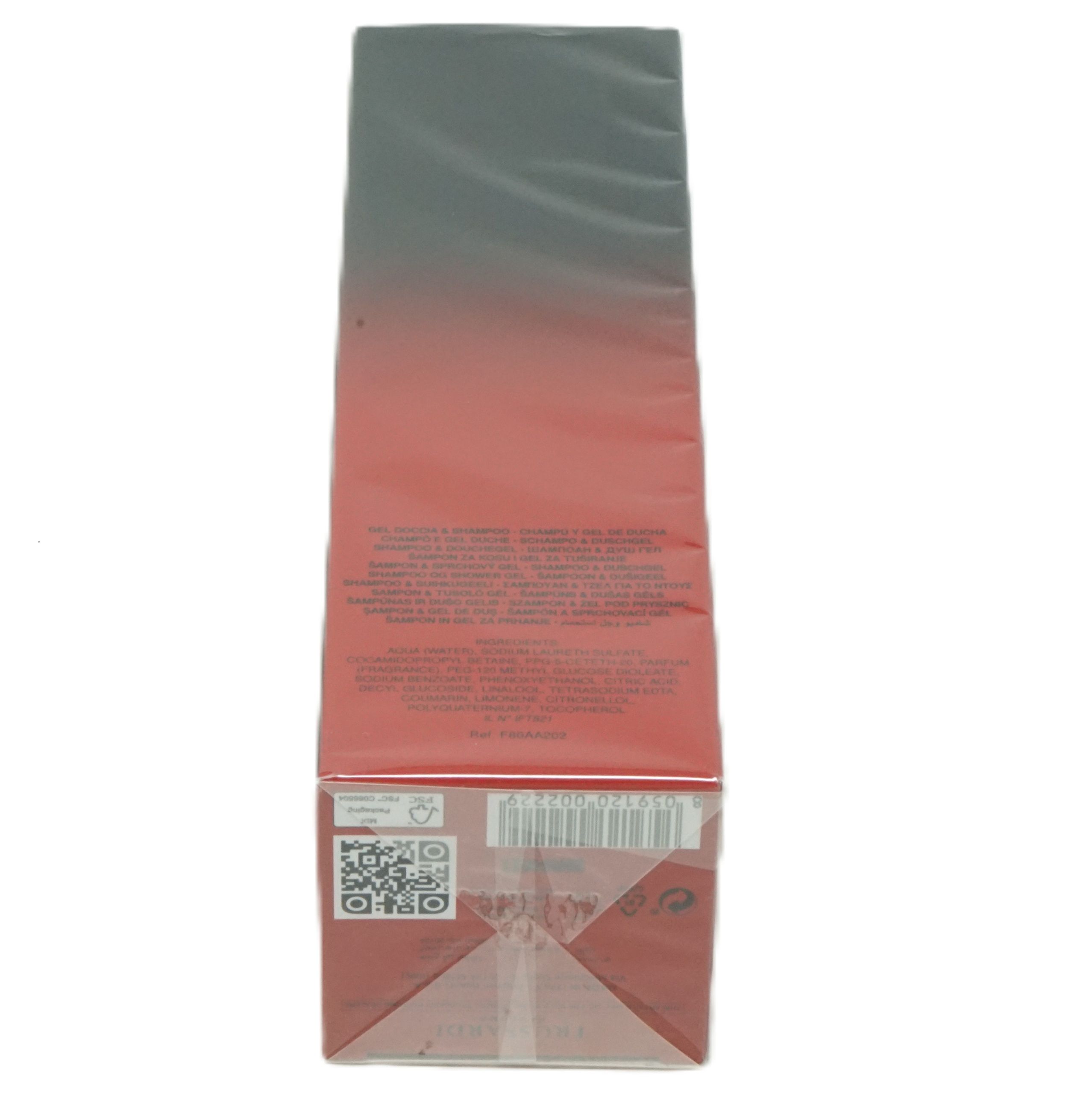 Rückseite der Verpackung für Trussardi Primo Shampoo & Duschgel mit Inhaltsstoffen und Barcode.