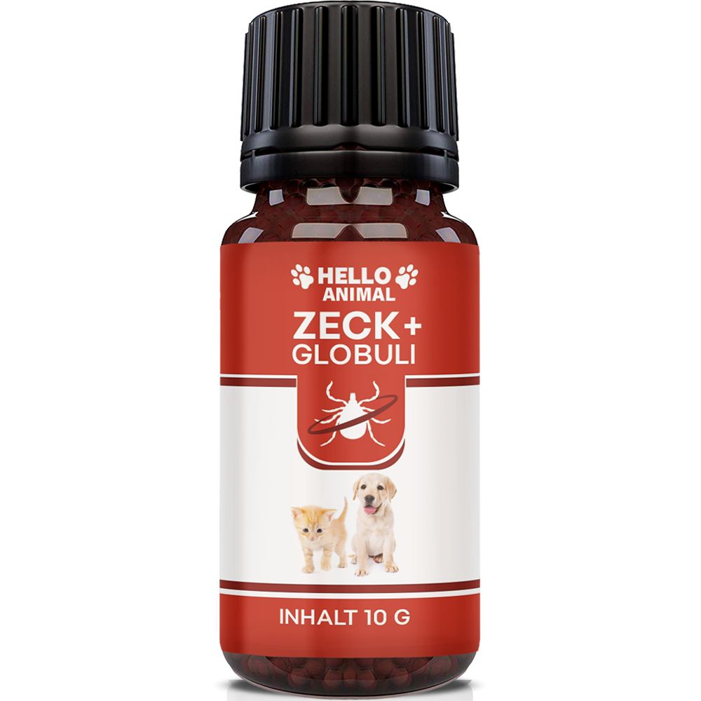 Braune Glasflasche mit schwarzem Deckel. Rotes Etikett mit Produktname, Logo, Abbildung von Katze und Hund. Inhalt 10 g.